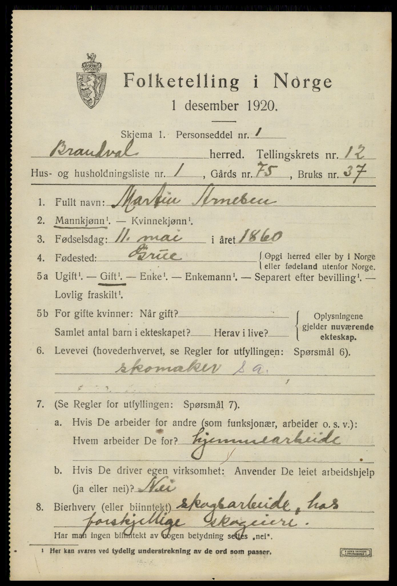 SAH, 1920 census for Brandval, 1920, p. 8462
