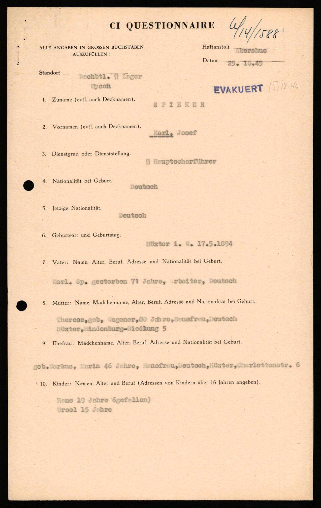 Forsvaret, Forsvarets overkommando II, AV/RA-RAFA-3915/D/Db/L0032: CI Questionaires. Tyske okkupasjonsstyrker i Norge. Tyskere., 1945-1946, p. 221