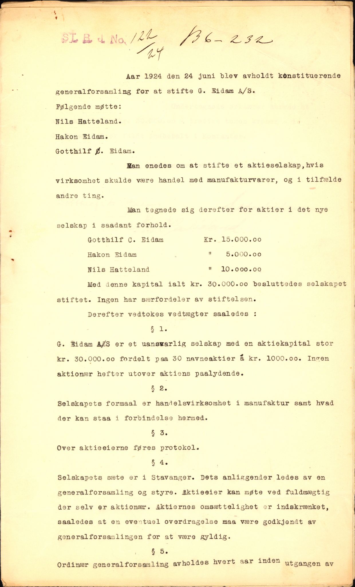 Stavanger byfogd, AV/SAST-A-101408/002/J/Jd/Jde/L0034: Registreringsmeldinger og bilag. Aksjeselskap, 99-165, 1915-1961, p. 44