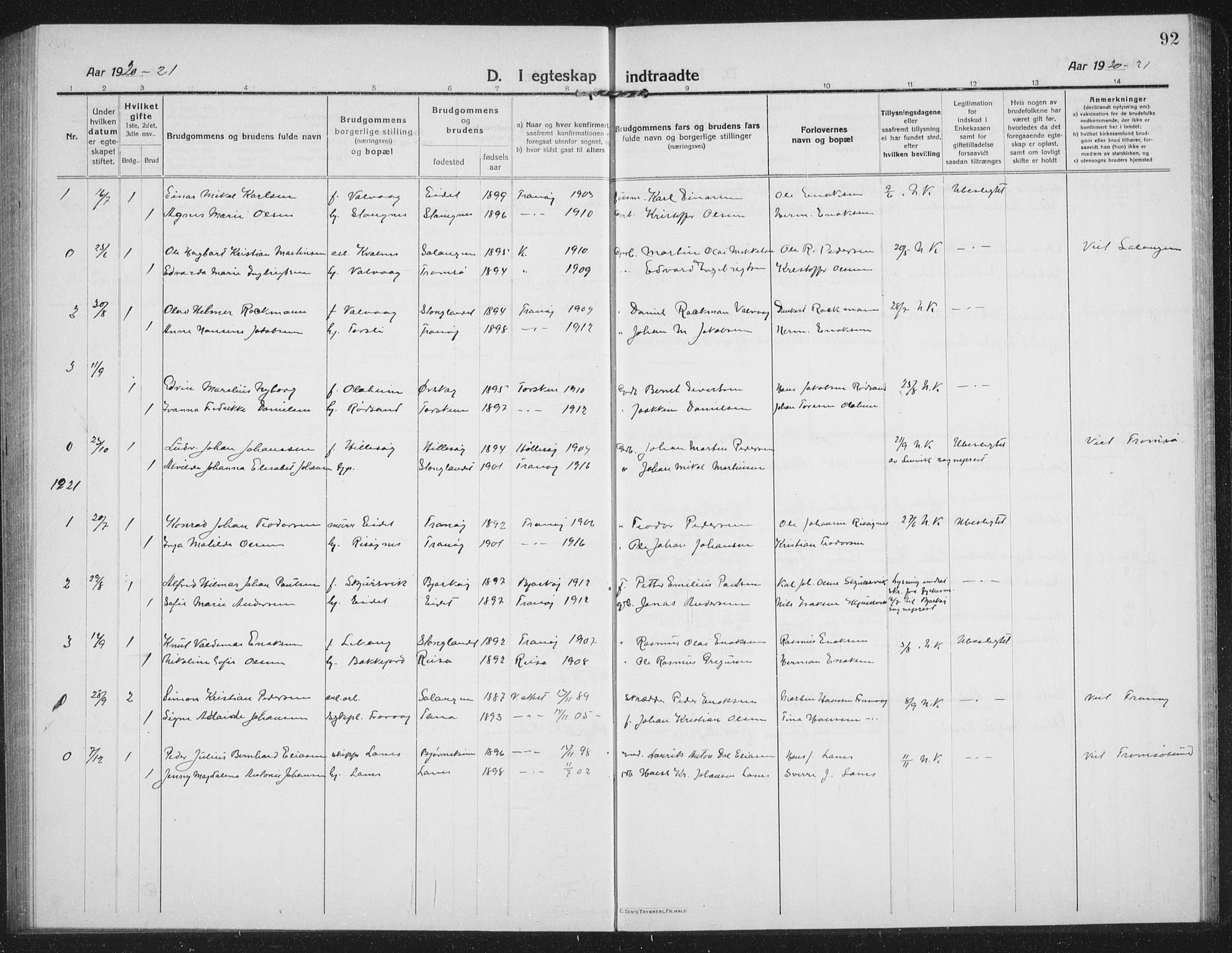 Tranøy sokneprestkontor, SATØ/S-1313/I/Ia/Iab/L0019klokker: Parish register (copy) no. 19, 1914-1940, p. 92