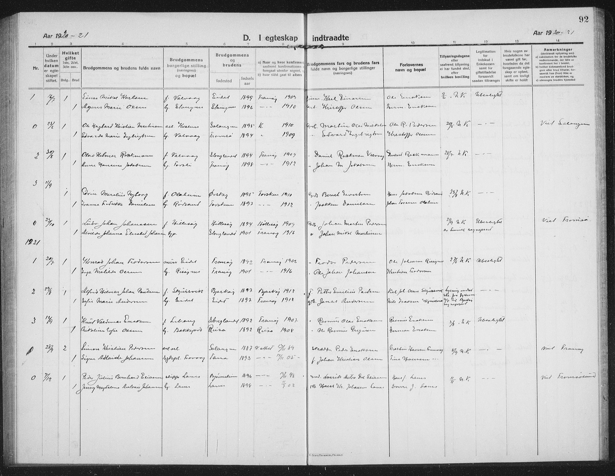 Tranøy sokneprestkontor, AV/SATØ-S-1313/I/Ia/Iab/L0019klokker: Parish register (copy) no. 19, 1914-1940, p. 92