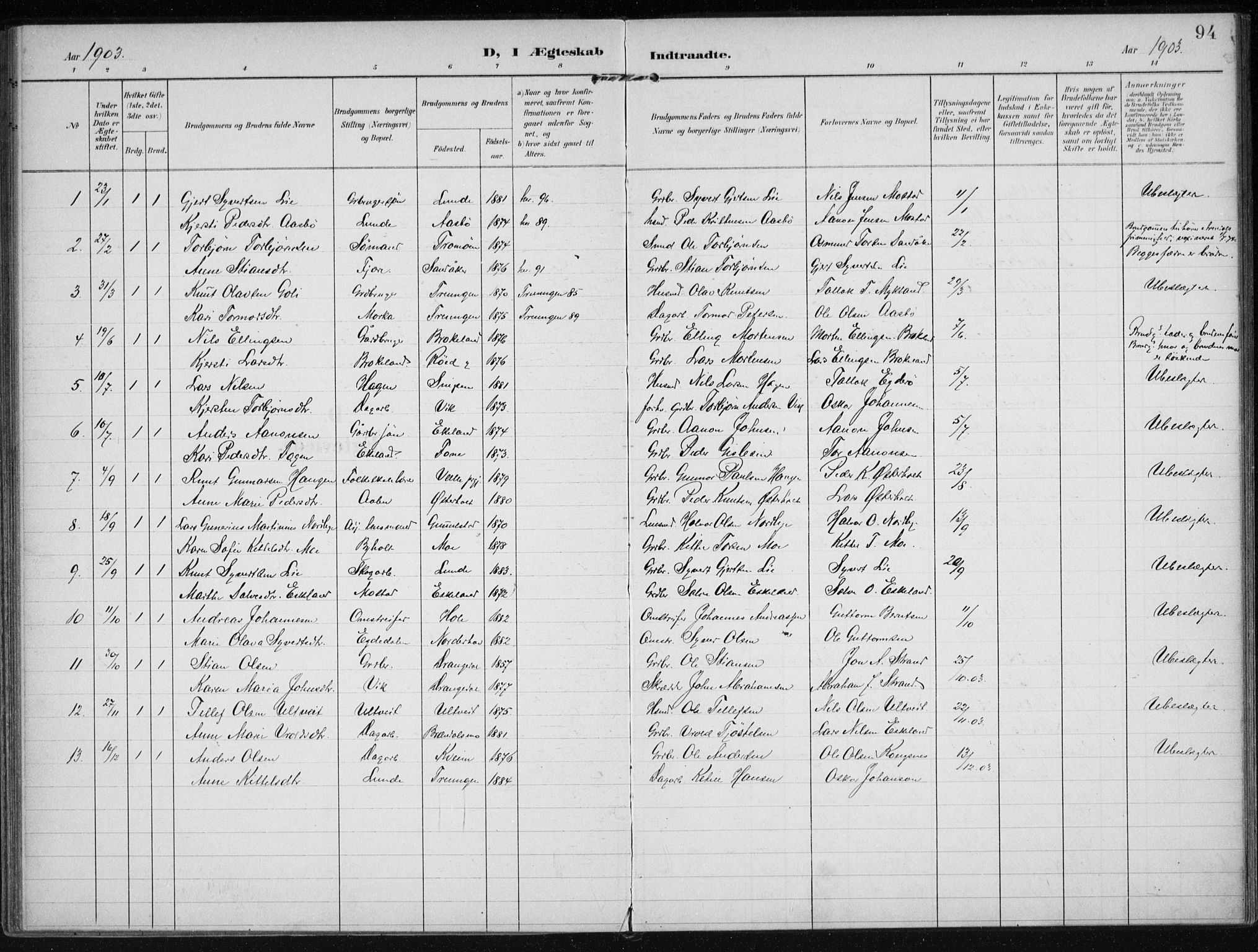 Gjerstad sokneprestkontor, AV/SAK-1111-0014/F/Fa/Faa/L0011: Parish register (official) no. A 11, 1903-1914, p. 94