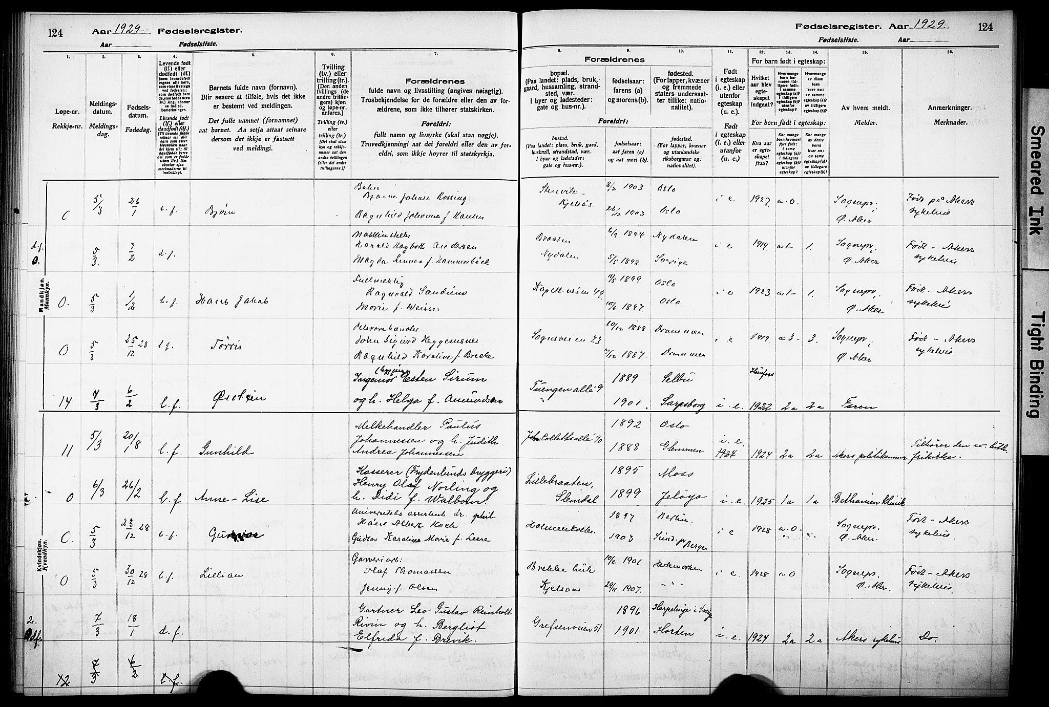 Vestre Aker prestekontor Kirkebøker, AV/SAO-A-10025/J/Ja/L0003: Birth register no. 3, 1926-1930, p. 124