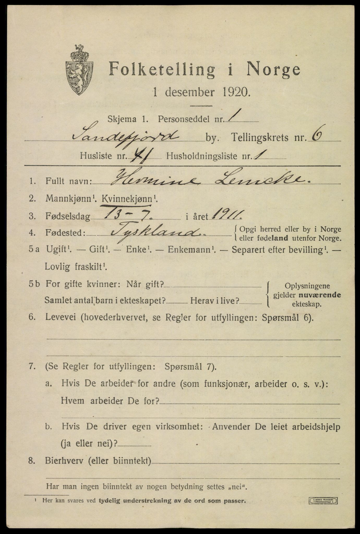 SAKO, 1920 census for Sandefjord, 1920, p. 10372