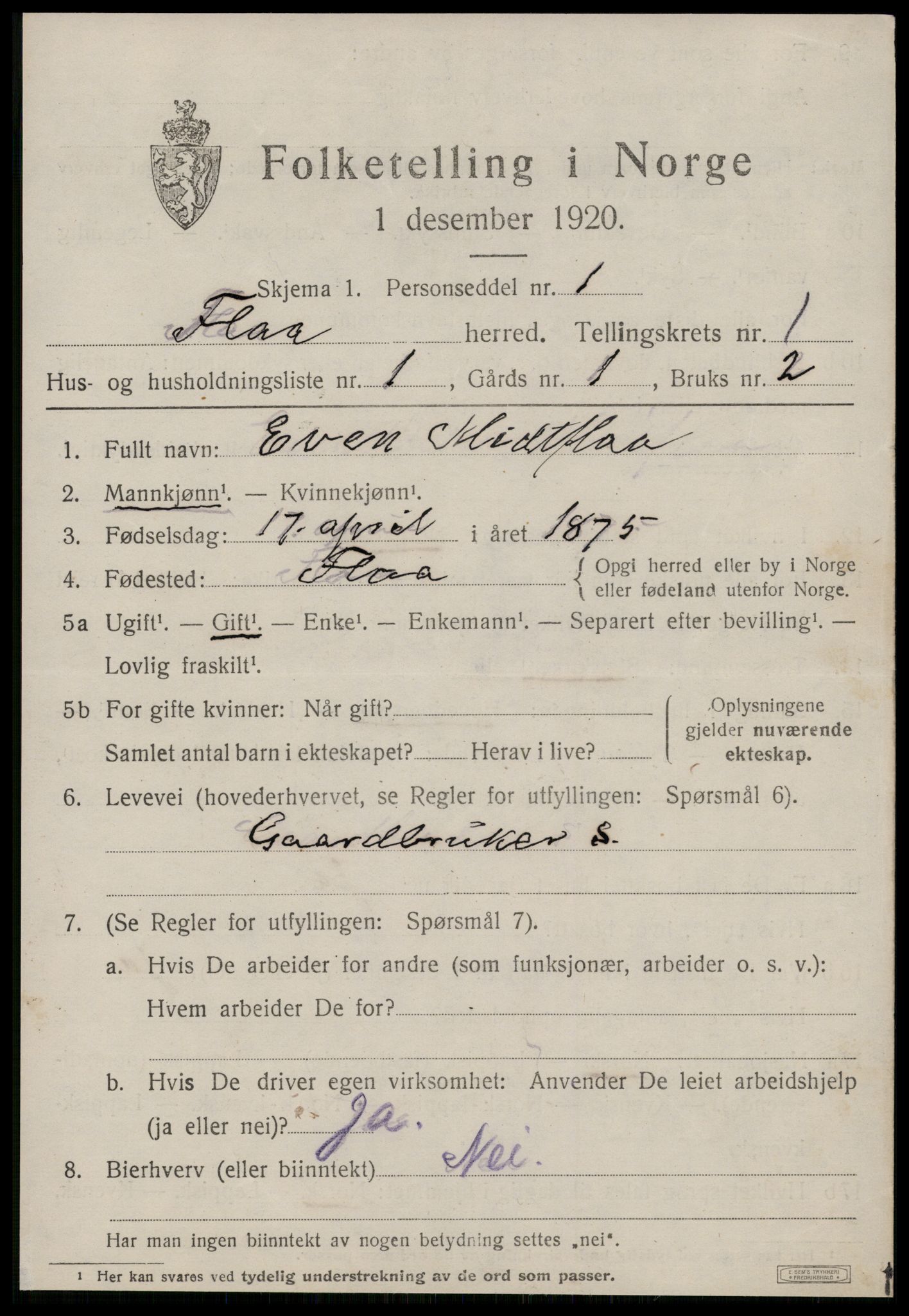 SAT, 1920 census for Flå, 1920, p. 276