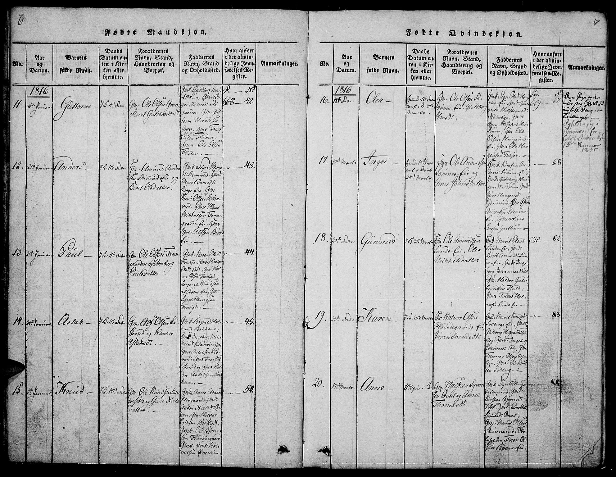 Sør-Aurdal prestekontor, SAH/PREST-128/H/Ha/Hab/L0001: Parish register (copy) no. 1, 1815-1826, p. 6-7