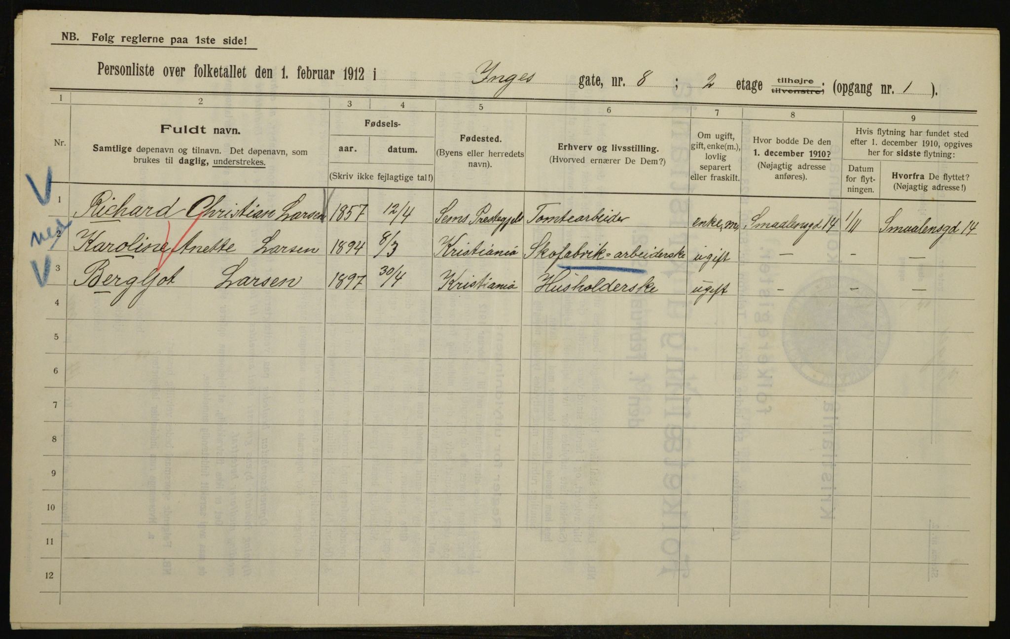 OBA, Municipal Census 1912 for Kristiania, 1912, p. 44319