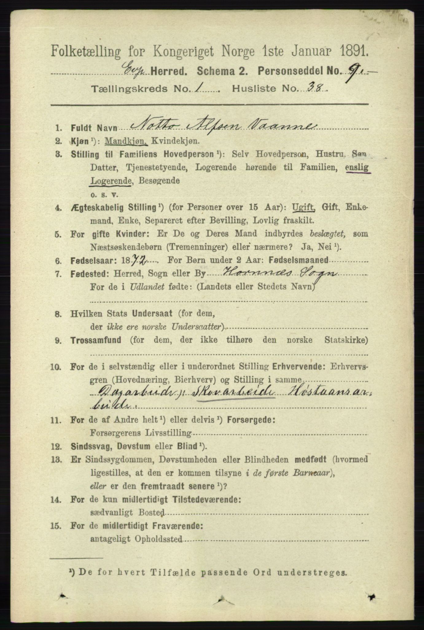 RA, 1891 census for 0937 Evje, 1891, p. 332