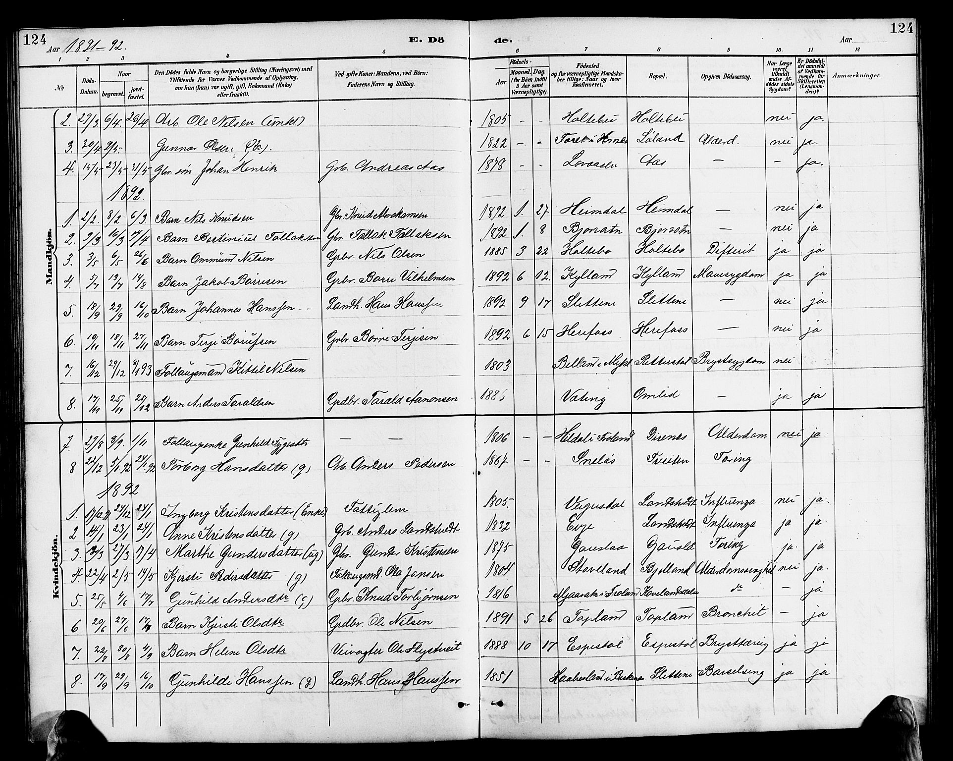 Herefoss sokneprestkontor, SAK/1111-0019/F/Fb/Fba/L0003: Parish register (copy) no. B 3, 1887-1925, p. 124