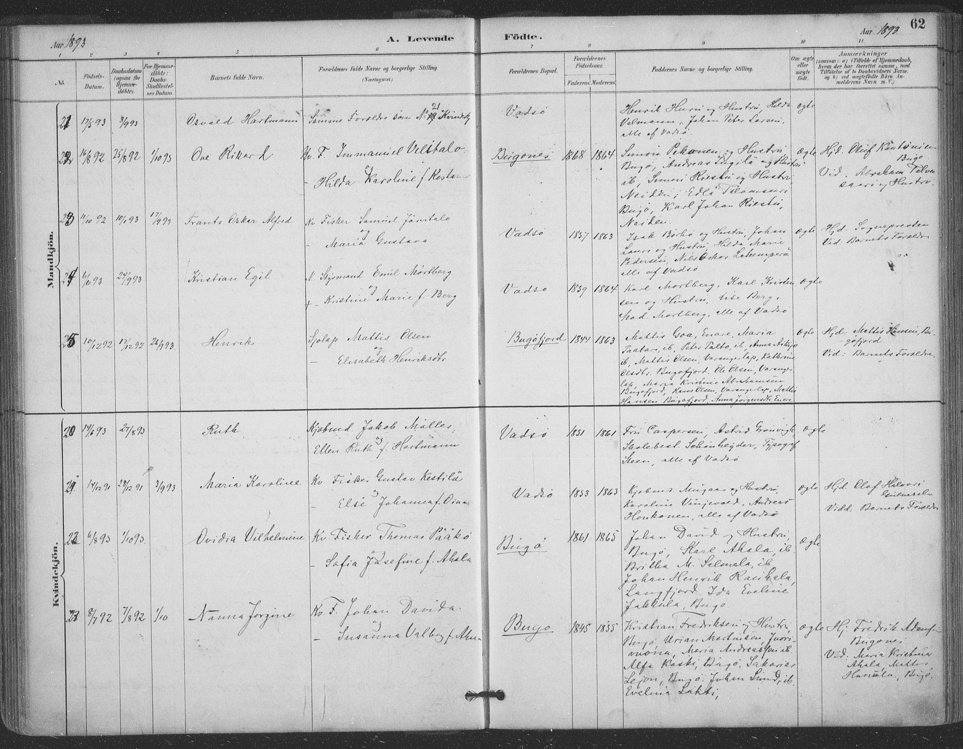 Vadsø sokneprestkontor, AV/SATØ-S-1325/H/Ha/L0006kirke: Parish register (official) no. 6, 1885-1895, p. 62