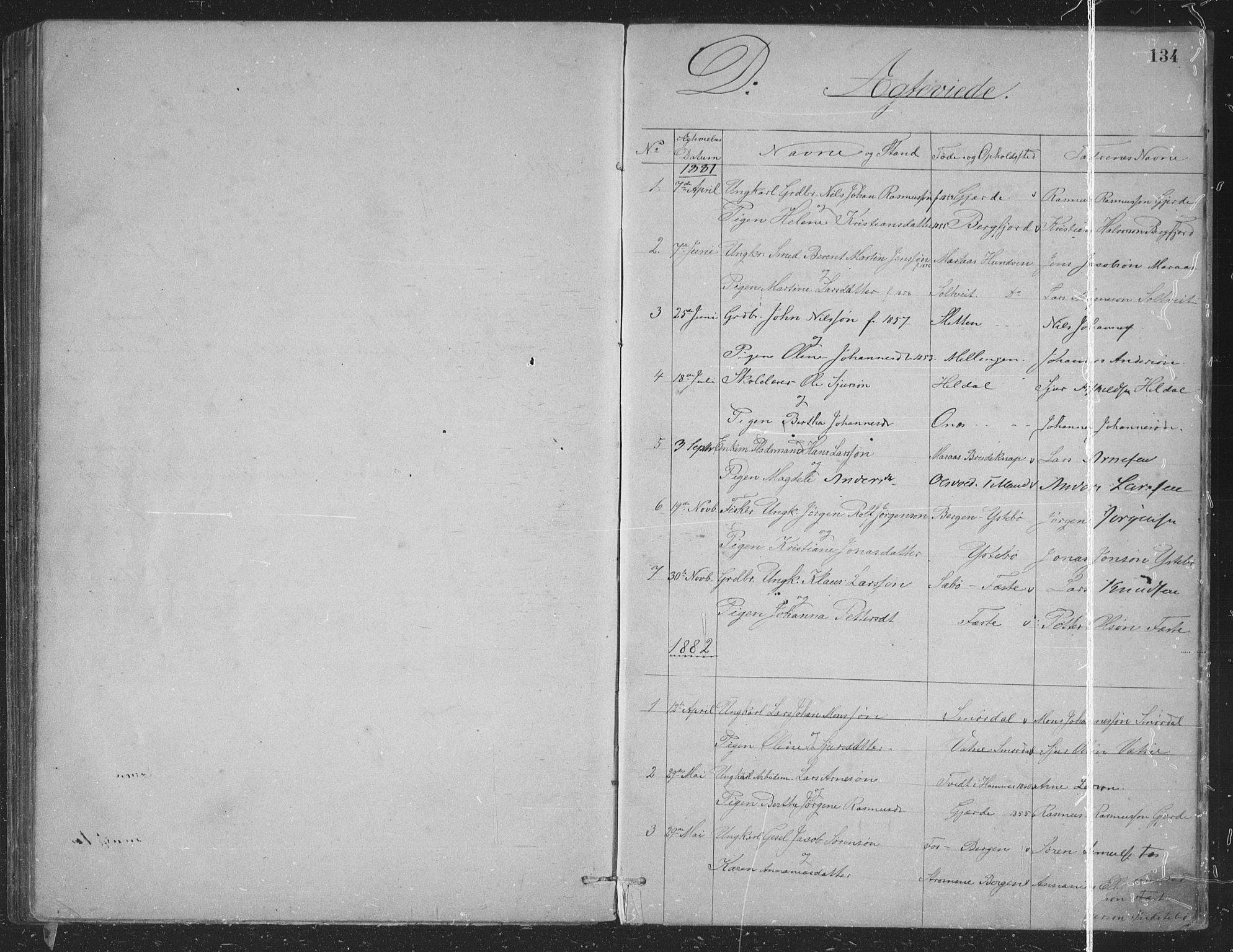Alversund Sokneprestembete, SAB/A-73901/H/Ha/Hab: Parish register (copy) no. B 3, 1881-1896, p. 134