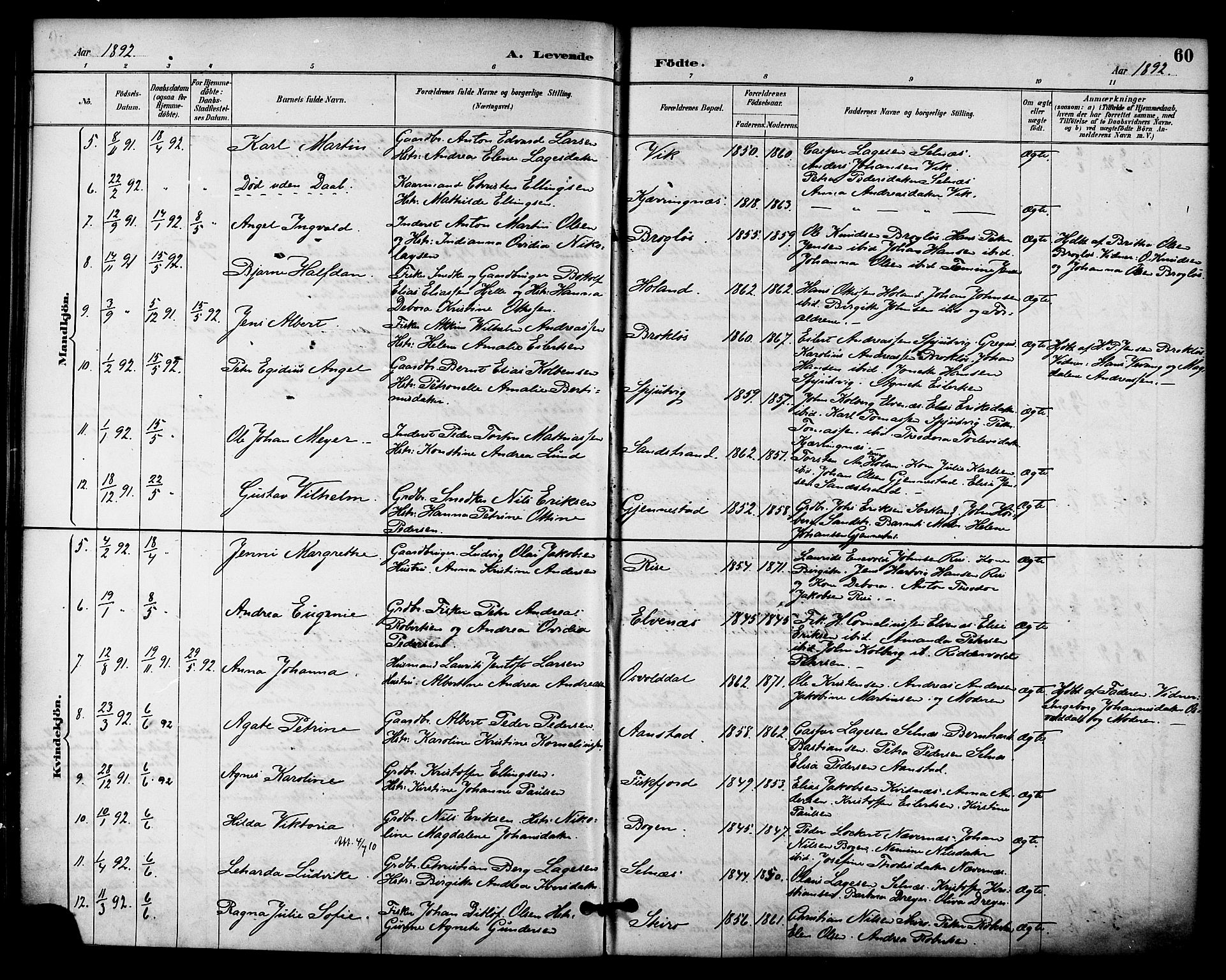 Ministerialprotokoller, klokkerbøker og fødselsregistre - Nordland, SAT/A-1459/895/L1371: Parish register (official) no. 895A06, 1885-1894, p. 60