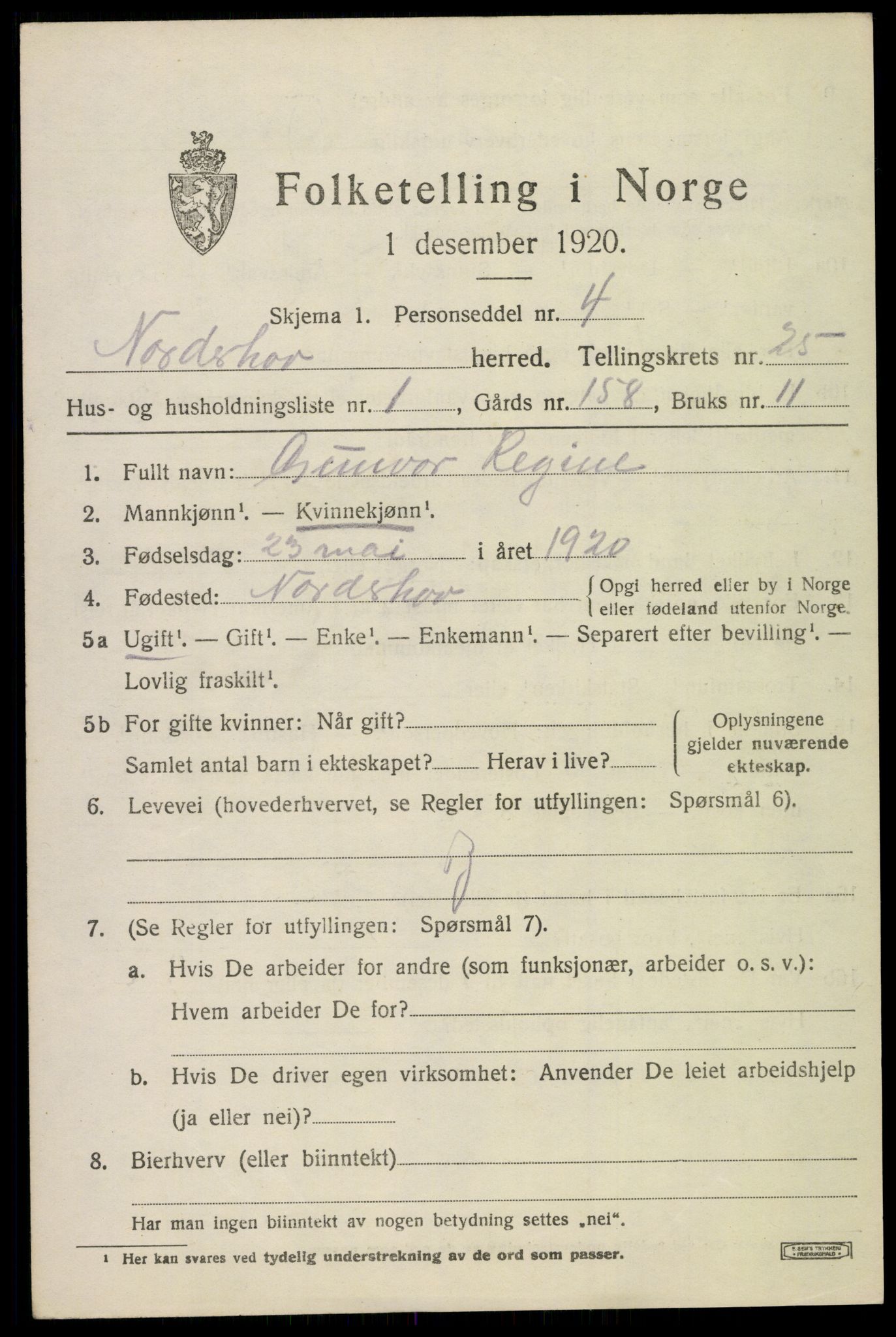 SAKO, 1920 census for Norderhov, 1920, p. 23805