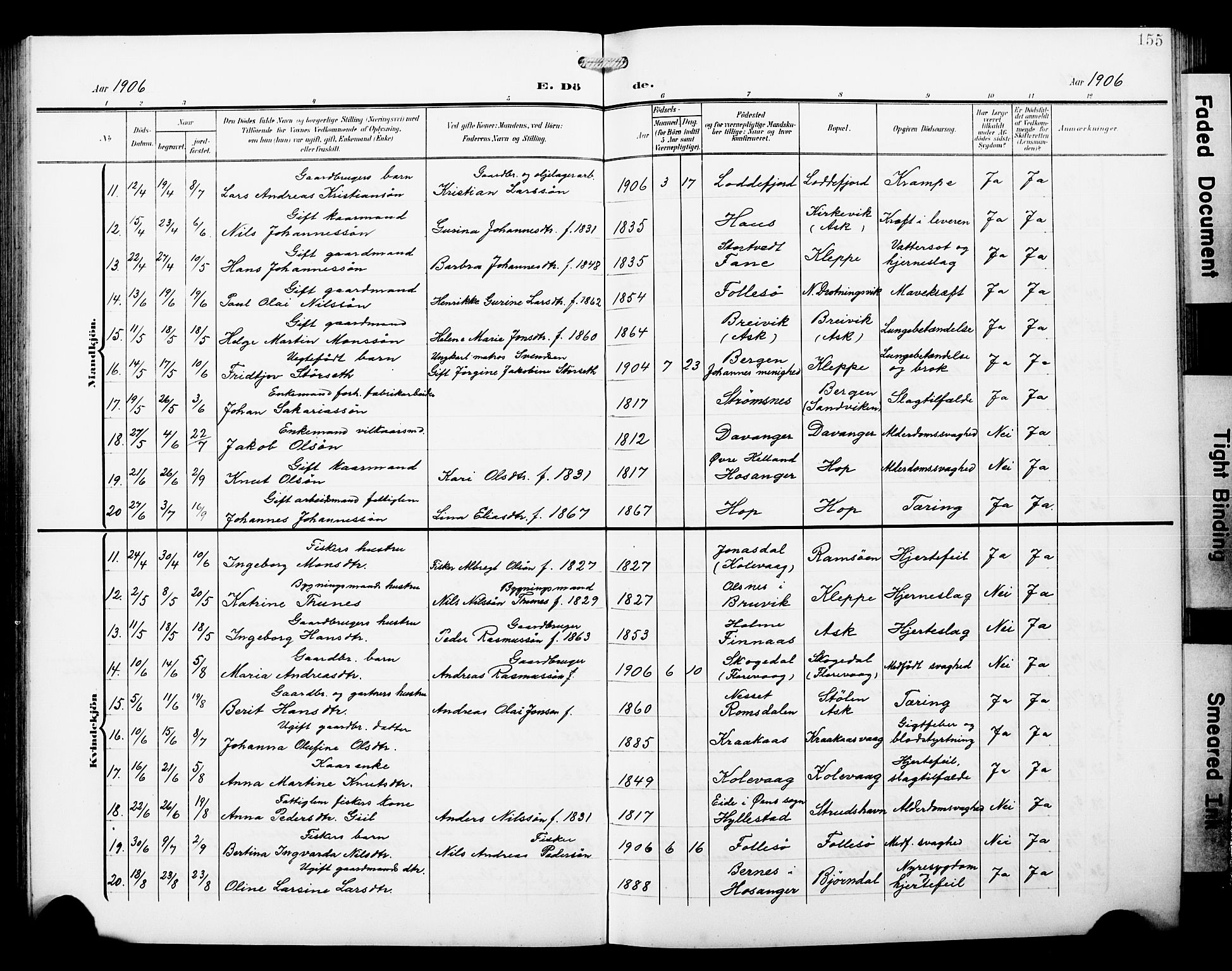 Askøy Sokneprestembete, AV/SAB-A-74101/H/Ha/Hab/Haba/L0014: Parish register (copy) no. A 14, 1904-1927, p. 155