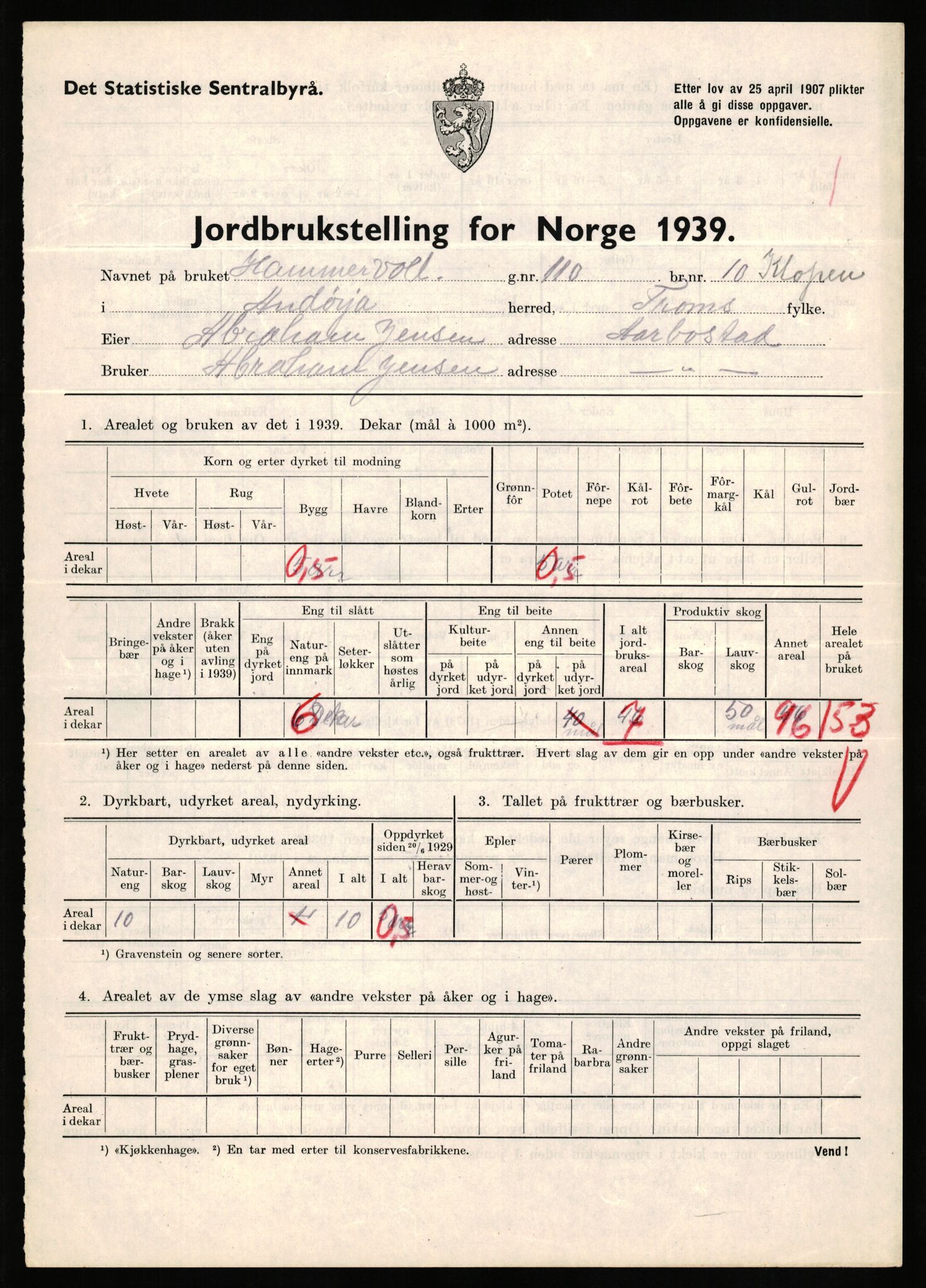 Statistisk sentralbyrå, Næringsøkonomiske emner, Jordbruk, skogbruk, jakt, fiske og fangst, AV/RA-S-2234/G/Gb/L0339: Troms: Andørja, Astafjord og Lavangen, 1939, p. 427