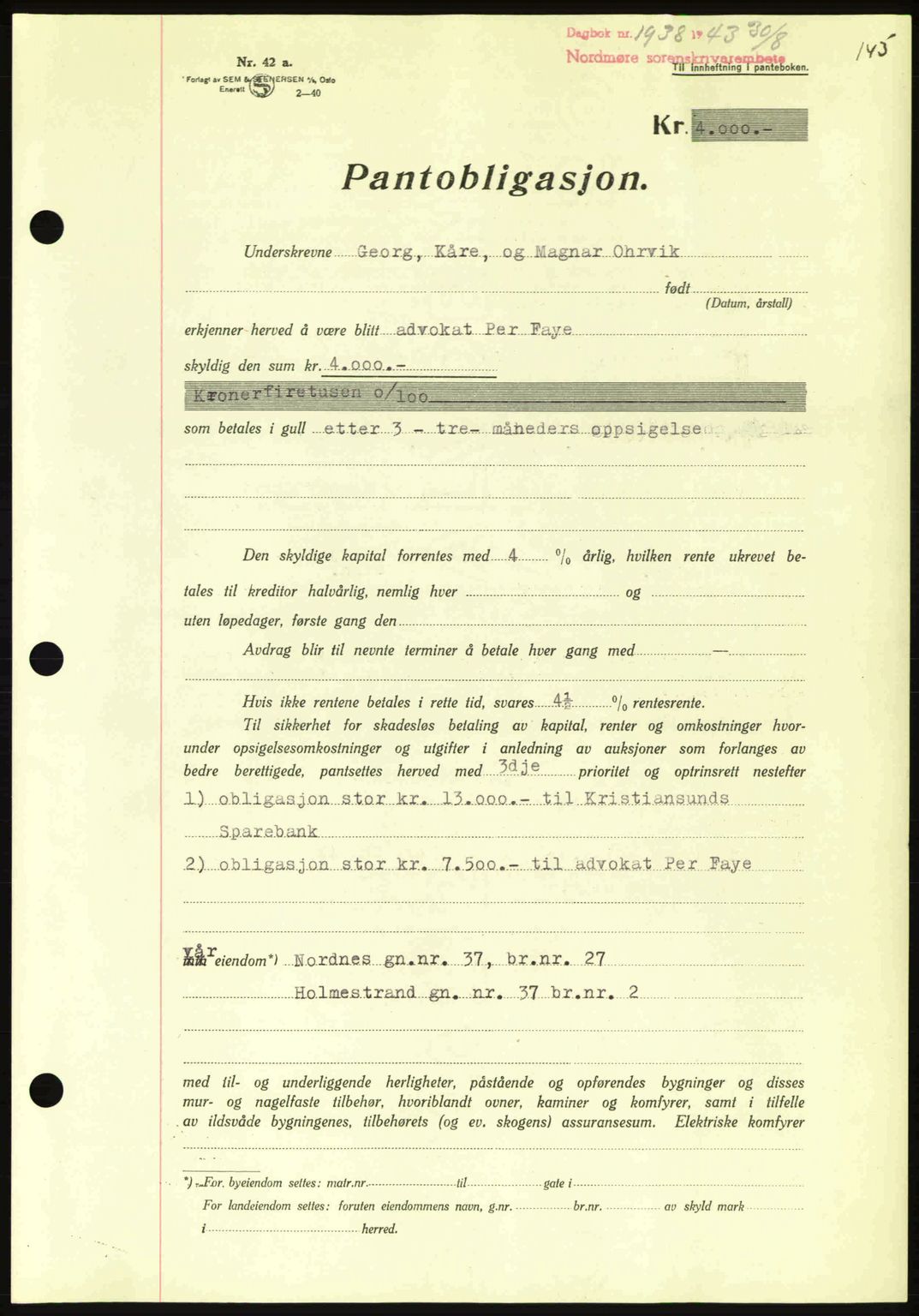 Nordmøre sorenskriveri, AV/SAT-A-4132/1/2/2Ca: Mortgage book no. B91, 1943-1944, Diary no: : 1938/1943