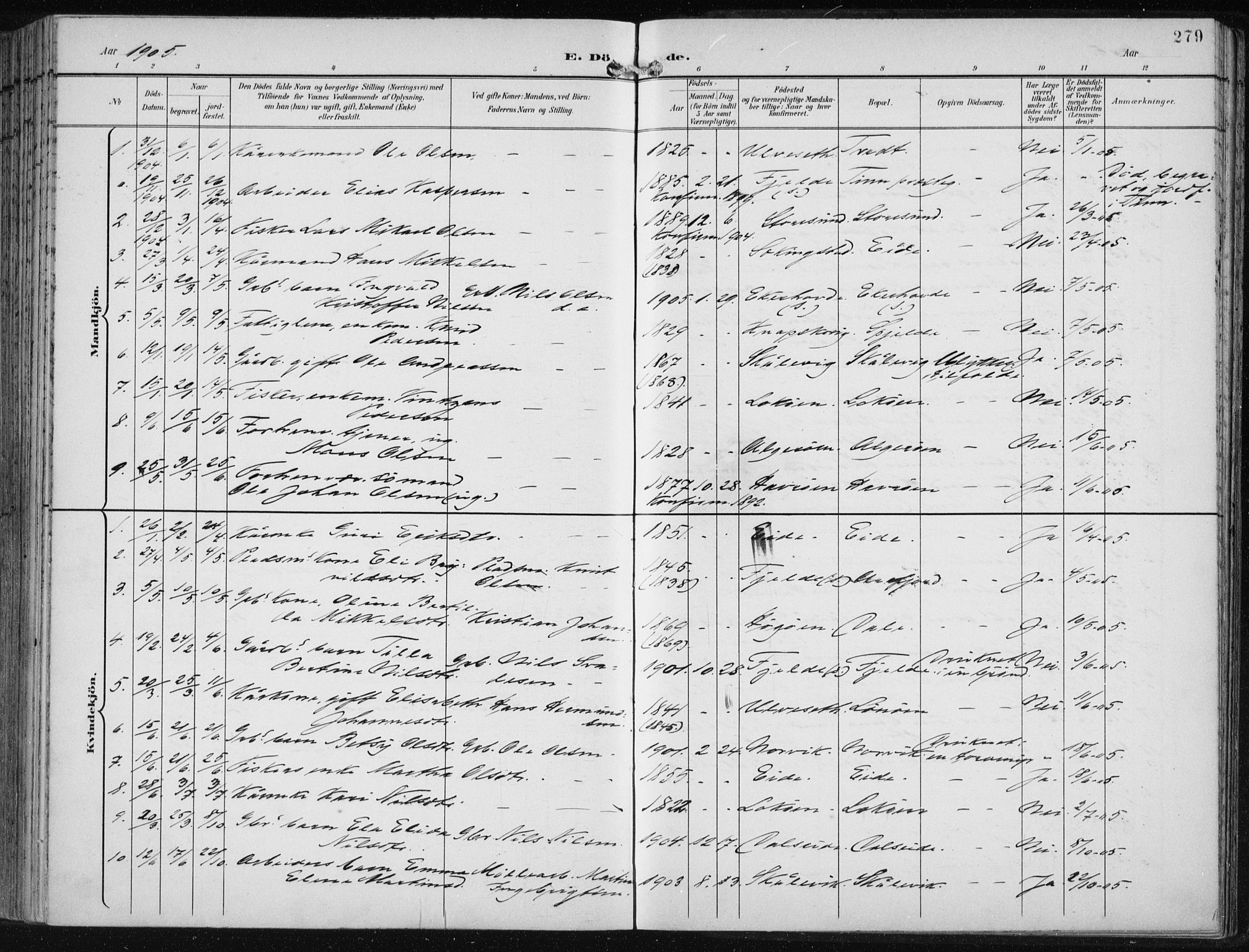 Fjell sokneprestembete, SAB/A-75301/H/Haa: Parish register (official) no. A  9, 1899-1910, p. 279