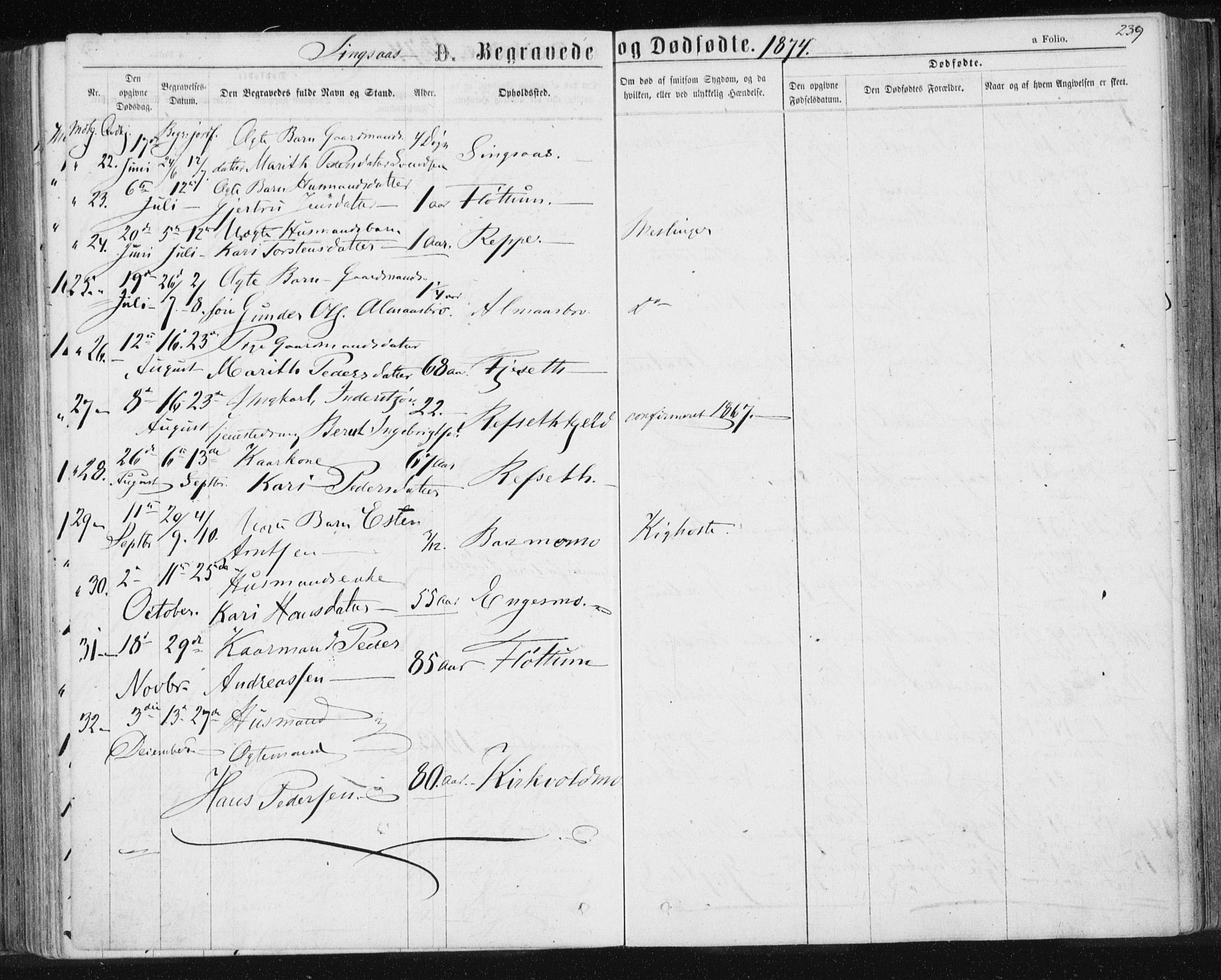 Ministerialprotokoller, klokkerbøker og fødselsregistre - Sør-Trøndelag, SAT/A-1456/685/L0970: Parish register (official) no. 685A08 /2, 1870-1878, p. 239