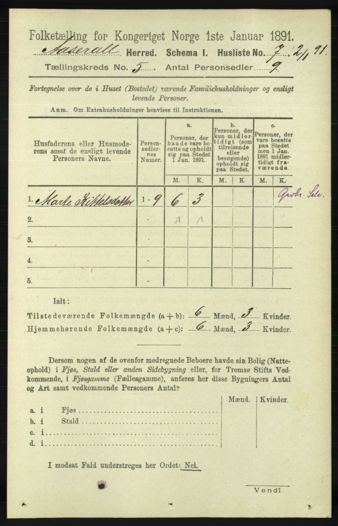 RA, 1891 census for 1026 Åseral, 1891, p. 1422