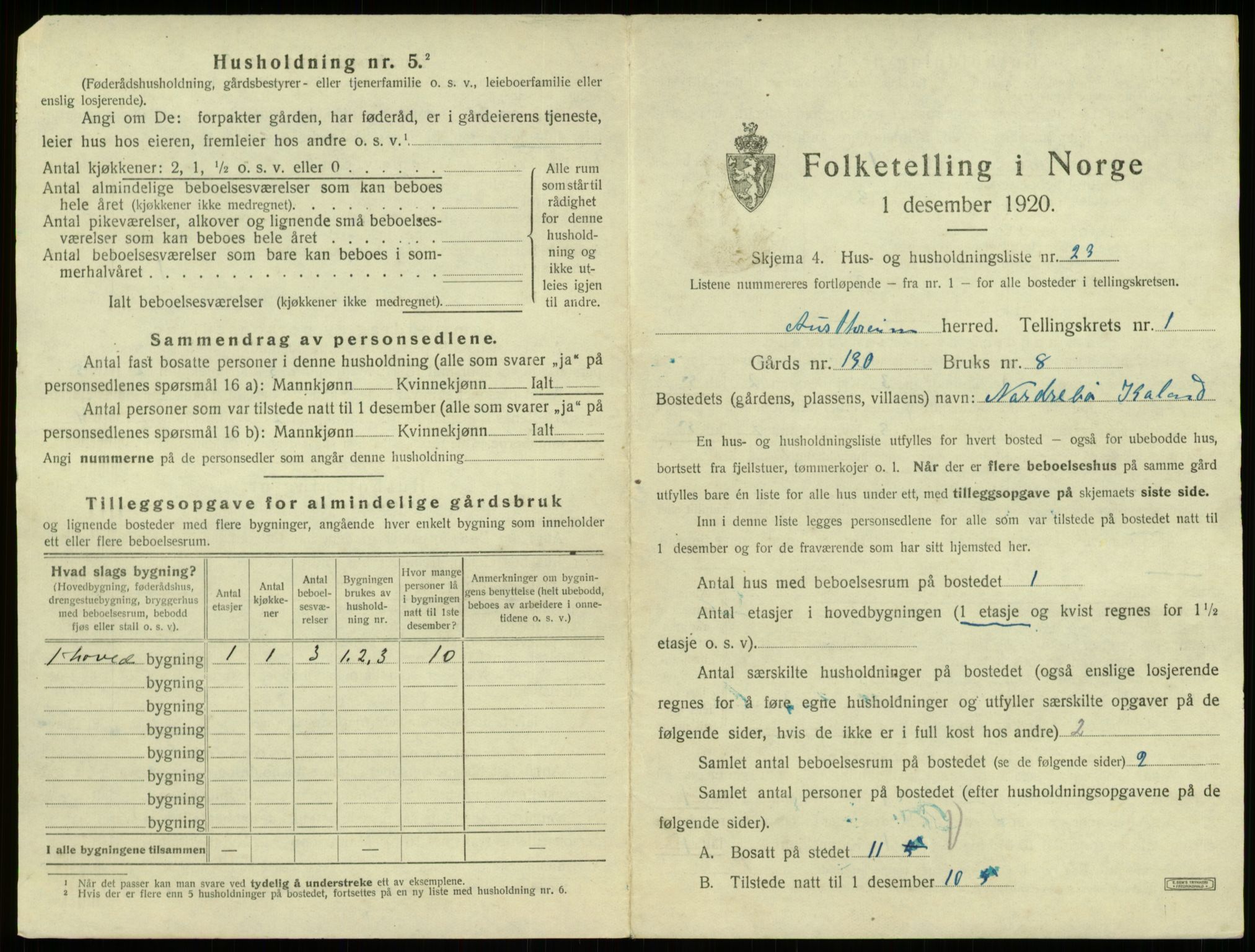 SAB, 1920 census for Austrheim, 1920, p. 105