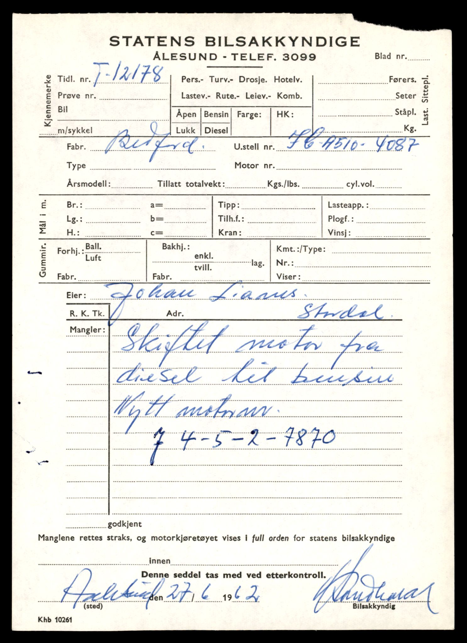 Møre og Romsdal vegkontor - Ålesund trafikkstasjon, SAT/A-4099/F/Fe/L0036: Registreringskort for kjøretøy T 12831 - T 13030, 1927-1998, p. 69