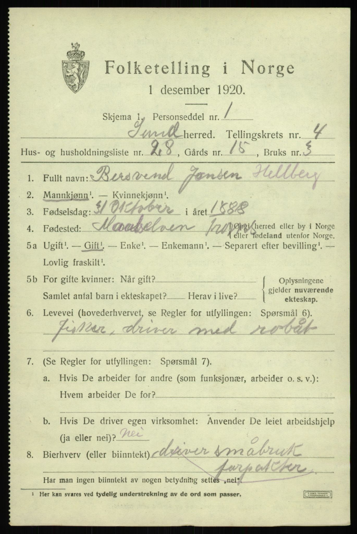 SAB, 1920 census for Sund, 1920, p. 2857