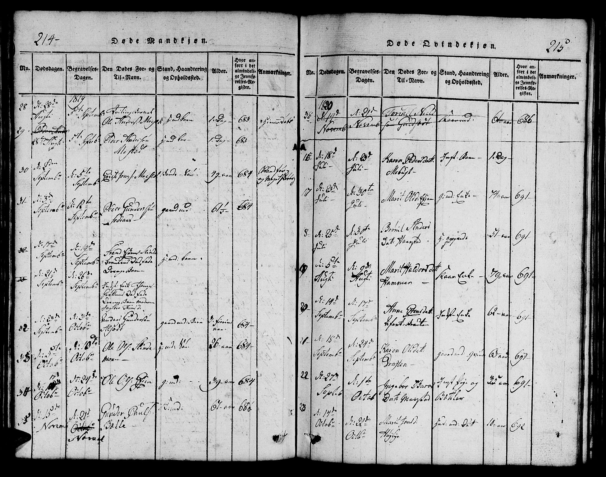 Ministerialprotokoller, klokkerbøker og fødselsregistre - Sør-Trøndelag, SAT/A-1456/695/L1152: Parish register (copy) no. 695C03, 1816-1831, p. 214-215