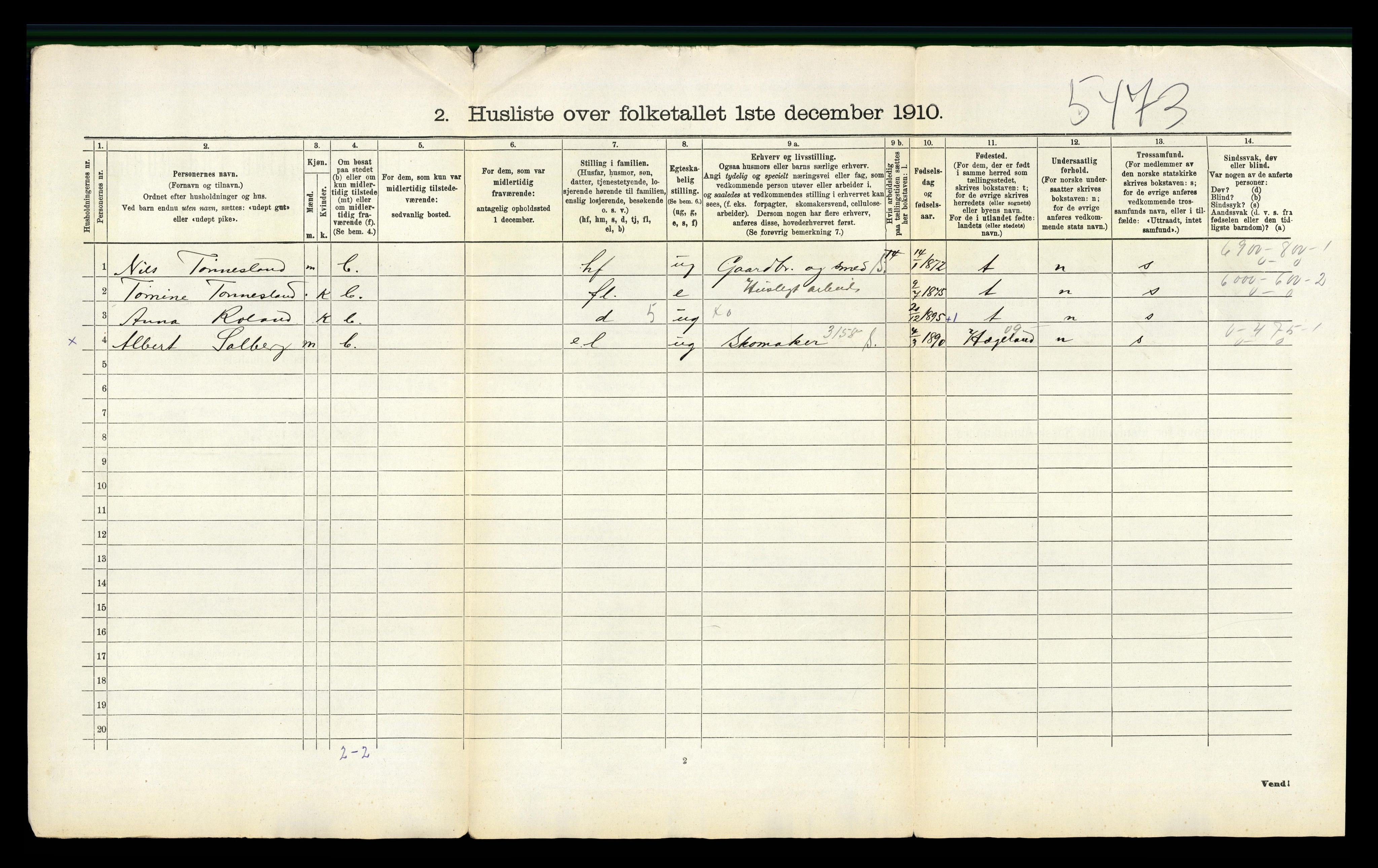 RA, 1910 census for Bjelland, 1910, p. 35