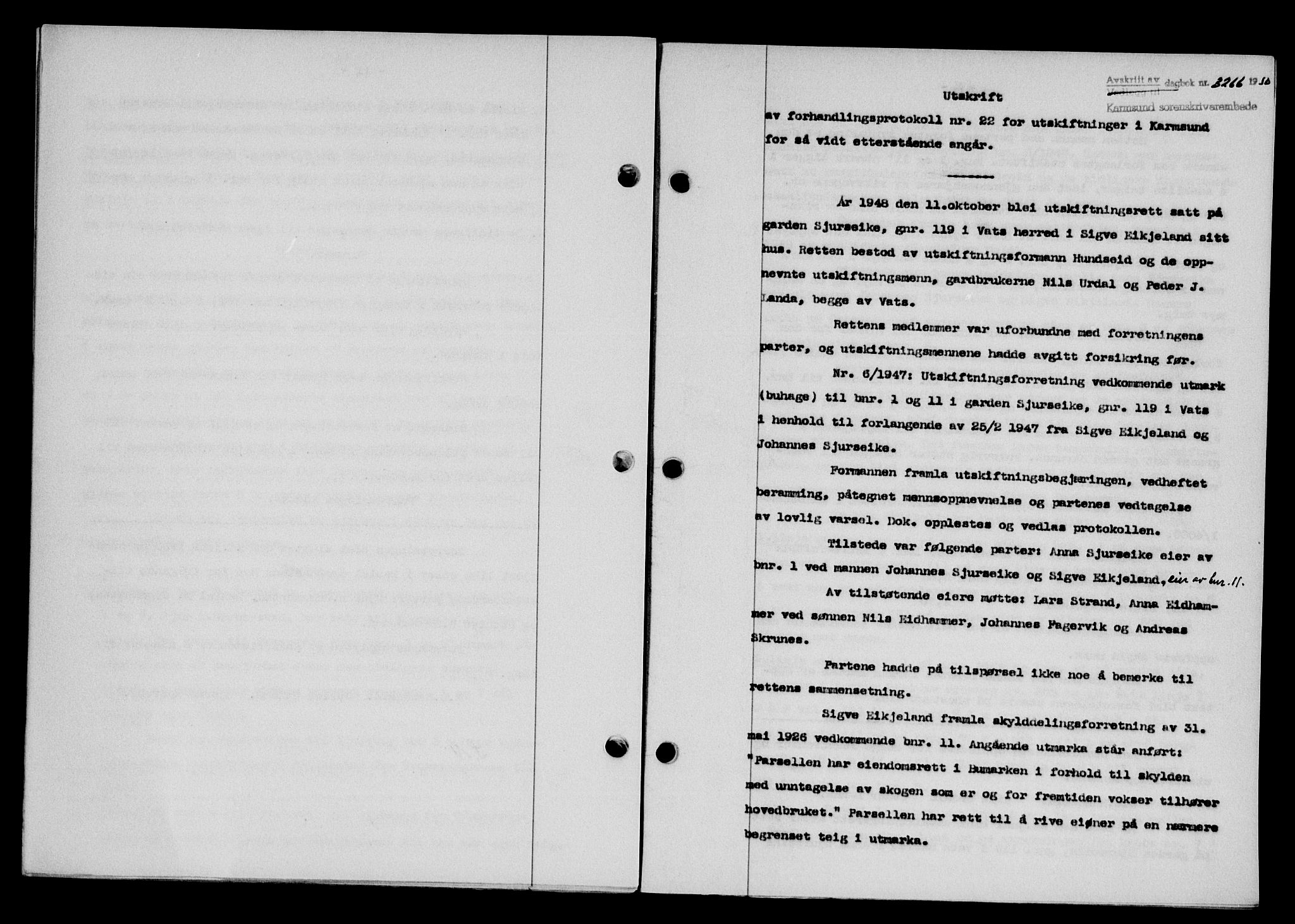 Karmsund sorenskriveri, SAST/A-100311/01/II/IIB/L0101: Mortgage book no. 81A, 1950-1951, Diary no: : 3266/1950