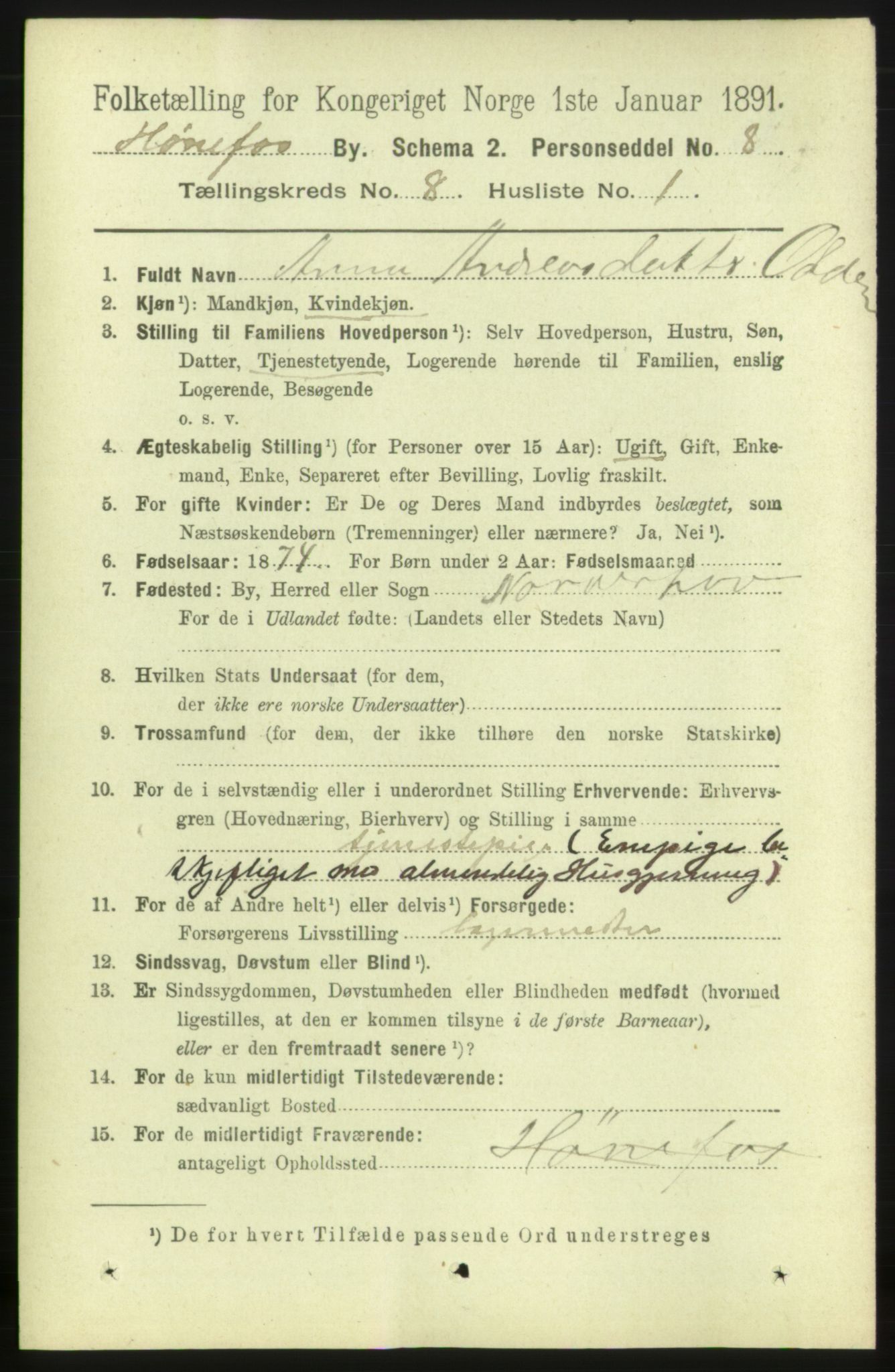 RA, 1891 census for 0601 Hønefoss, 1891, p. 1253