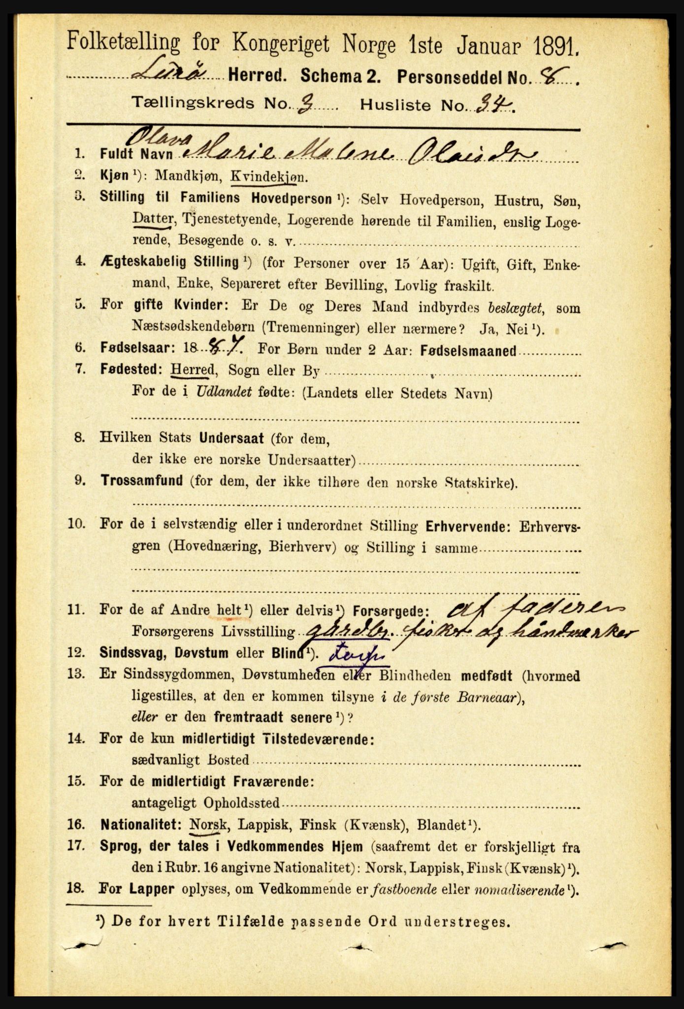 RA, 1891 census for 1834 Lurøy, 1891, p. 1657