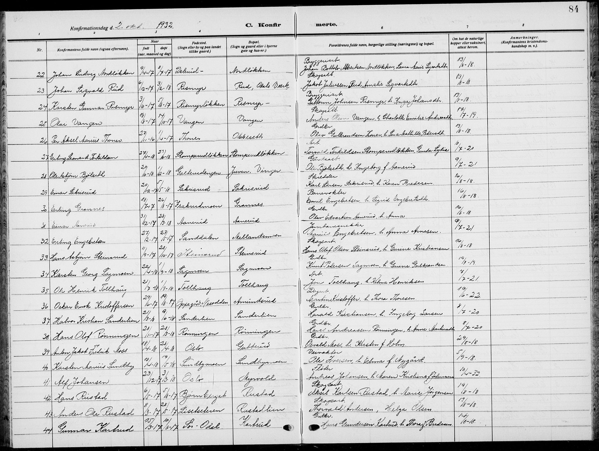 Sør-Odal prestekontor, AV/SAH-PREST-030/H/Ha/Hab/L0011: Parish register (copy) no. 11, 1922-1939, p. 84