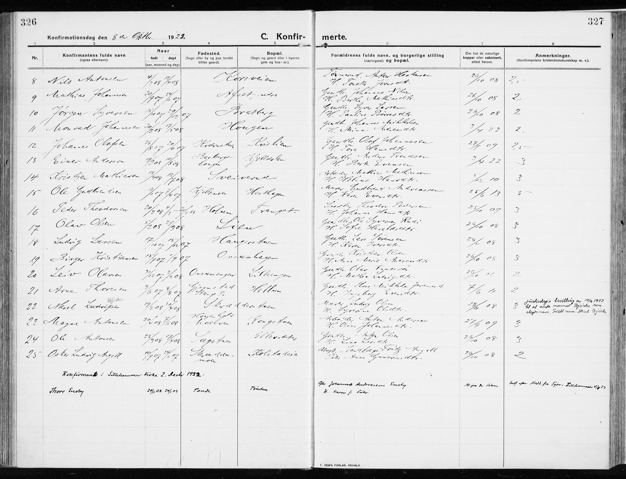 Ringsaker prestekontor, AV/SAH-PREST-014/K/Ka/L0020: Parish register (official) no. 20, 1913-1922, p. 326-327