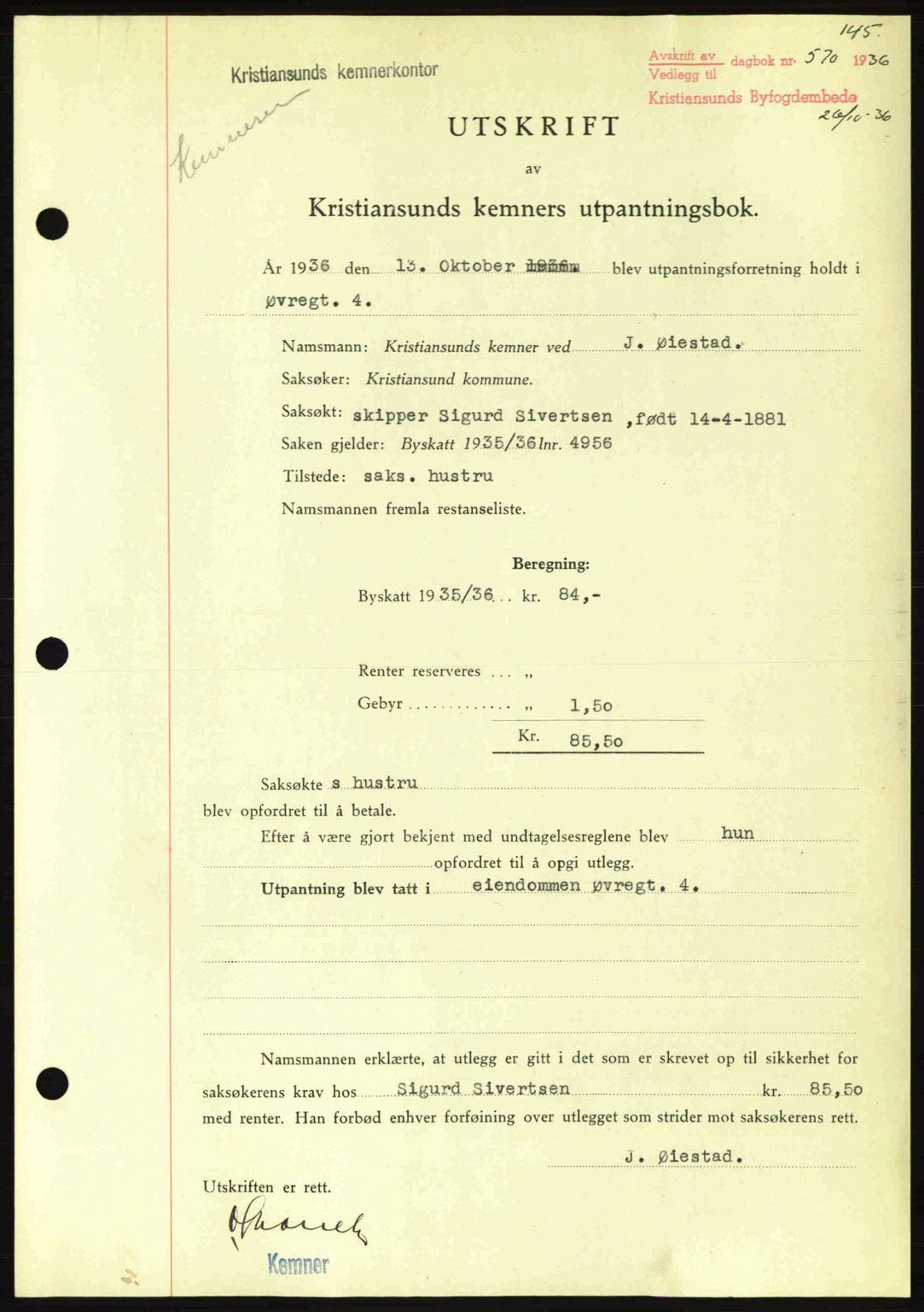 Kristiansund byfogd, AV/SAT-A-4587/A/27: Mortgage book no. 29, 1936-1937, Diary no: : 570/1936