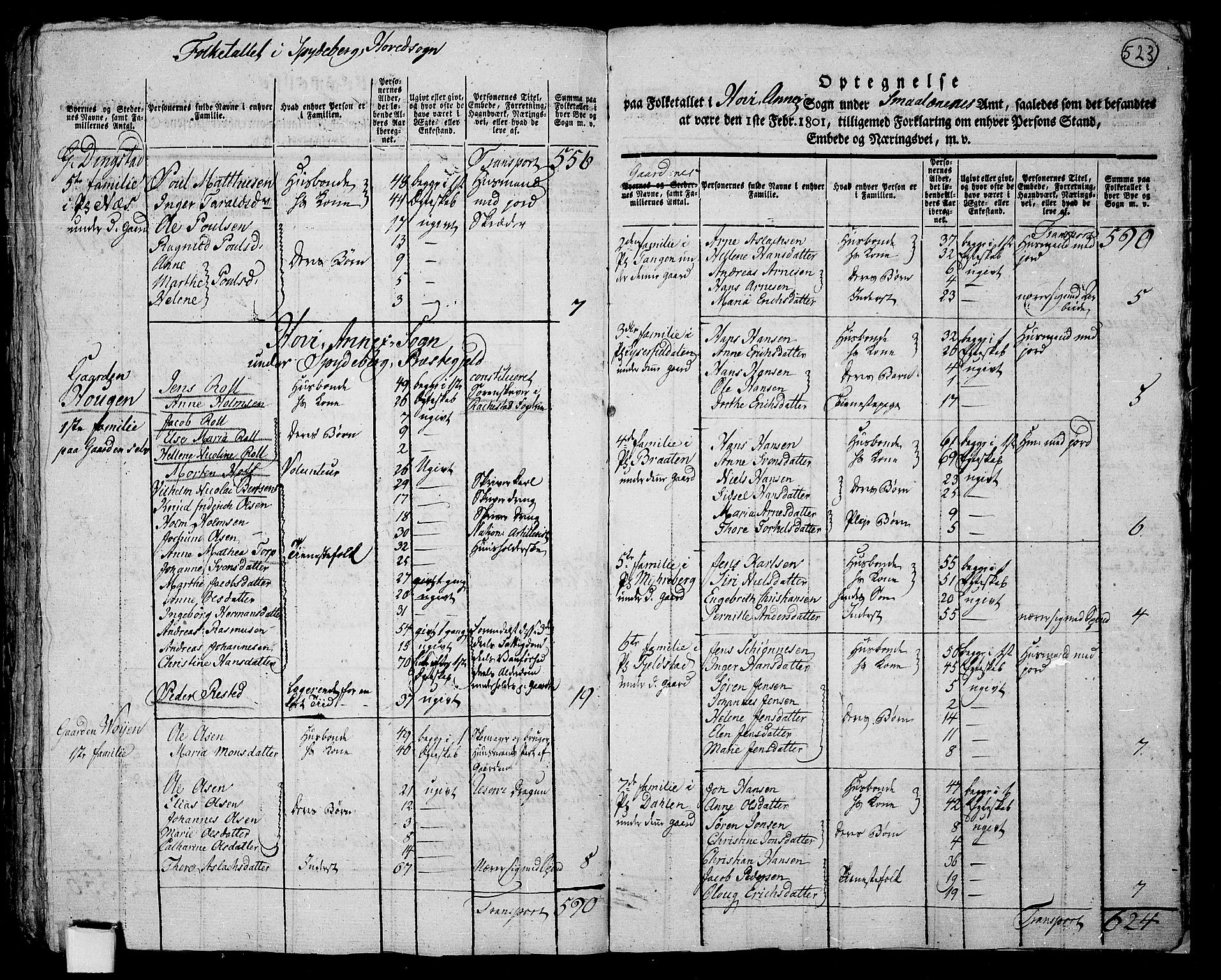 RA, 1801 census for 0123P Spydeberg, 1801, p. 522b-523a