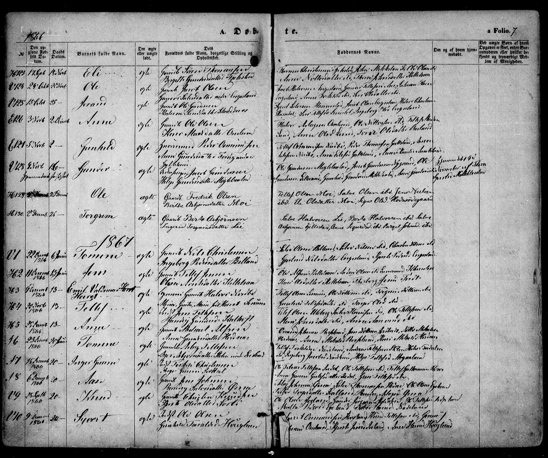 Evje sokneprestkontor, SAK/1111-0008/F/Fa/Faa/L0006: Parish register (official) no. A 6, 1866-1884, p. 7