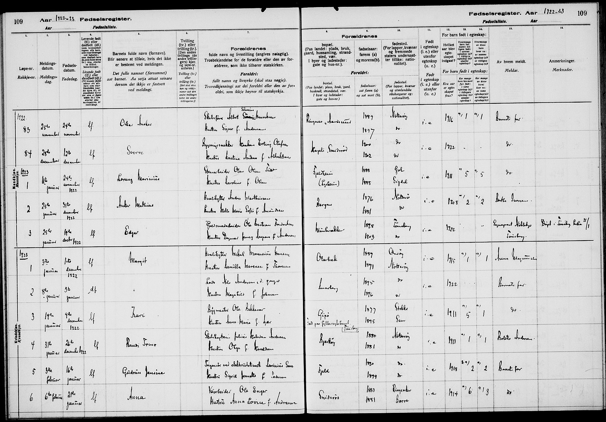 Nøtterøy kirkebøker, AV/SAKO-A-354/J/Ja/L0001: Birth register no. 1, 1916-1928, p. 109