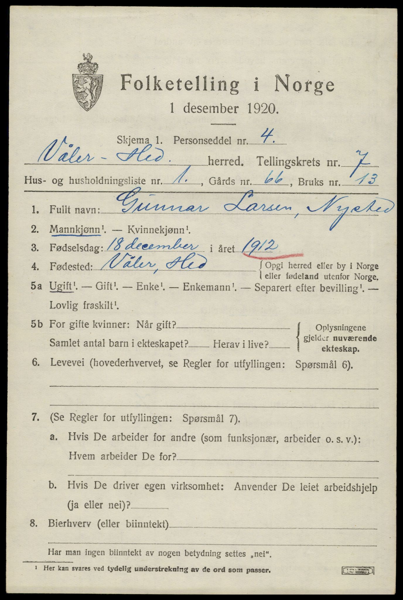 SAH, 1920 census for Våler (Hedmark), 1920, p. 7563