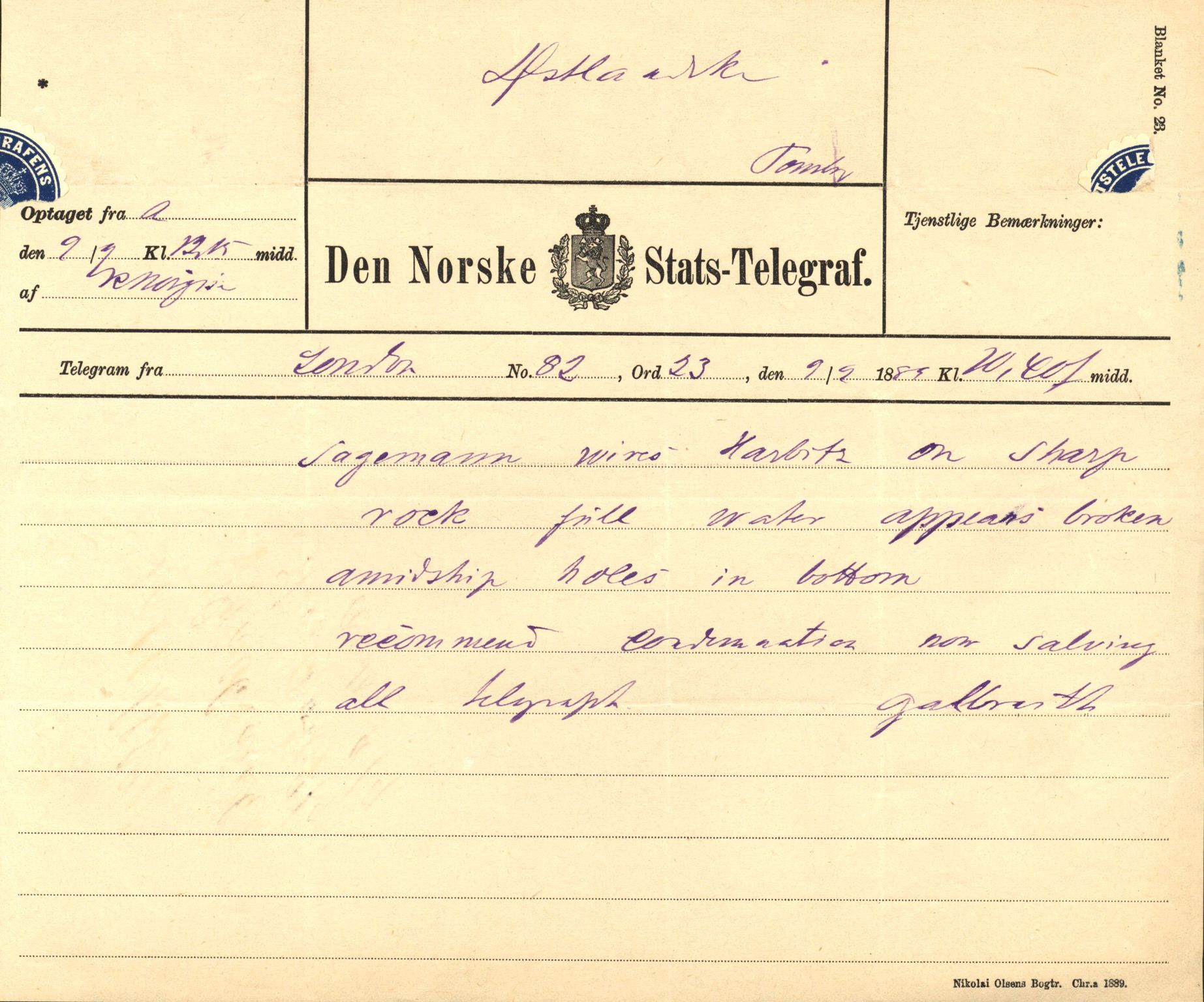 Pa 63 - Østlandske skibsassuranceforening, VEMU/A-1079/G/Ga/L0023/0007: Havaridokumenter / Eugenie, Askur, Præsident Harbitz, Professor Johnson, Professor Mohn, 1889, p. 82