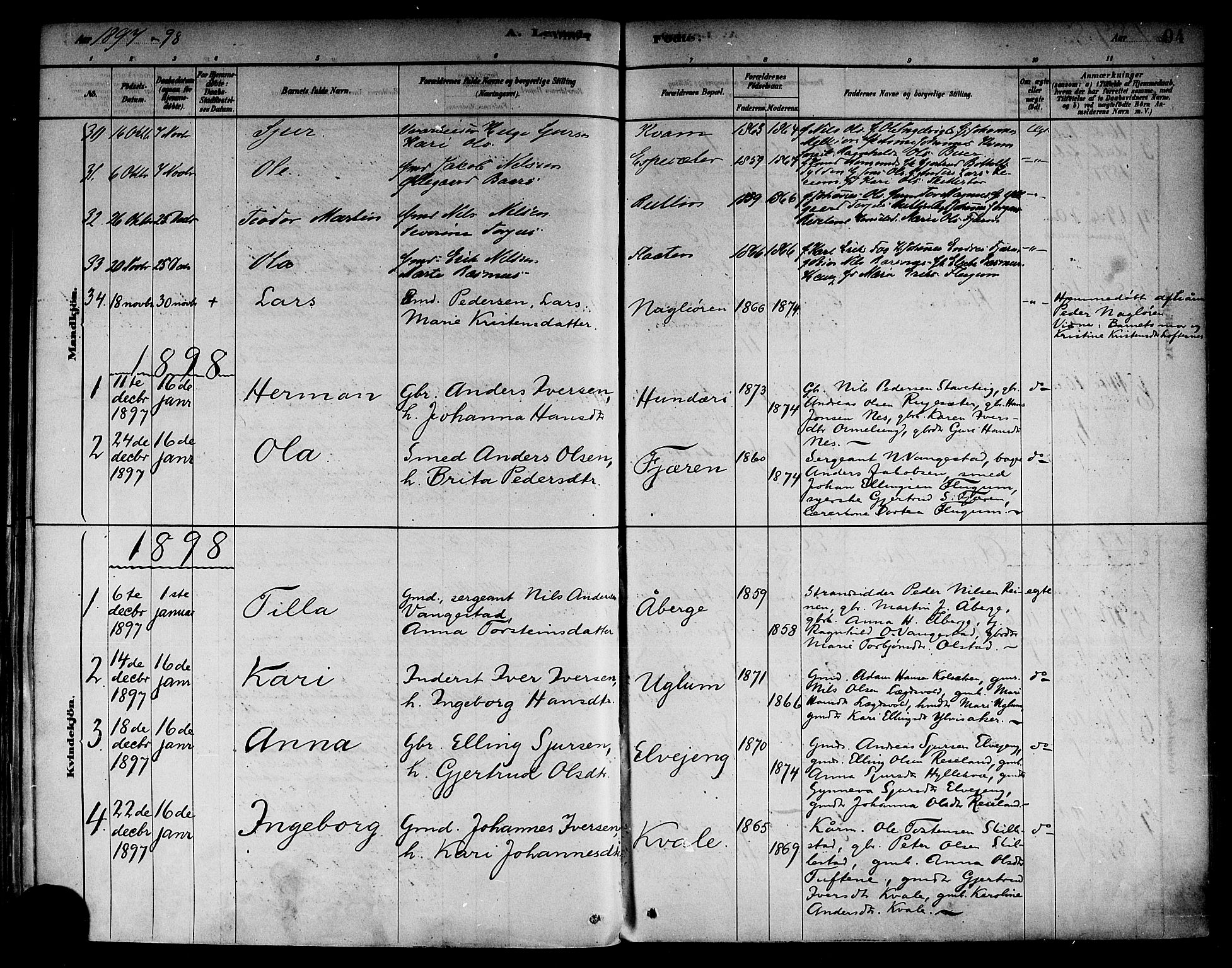 Sogndal sokneprestembete, AV/SAB-A-81301/H/Haa/Haab/L0001: Parish register (official) no. B 1, 1878-1899, p. 94