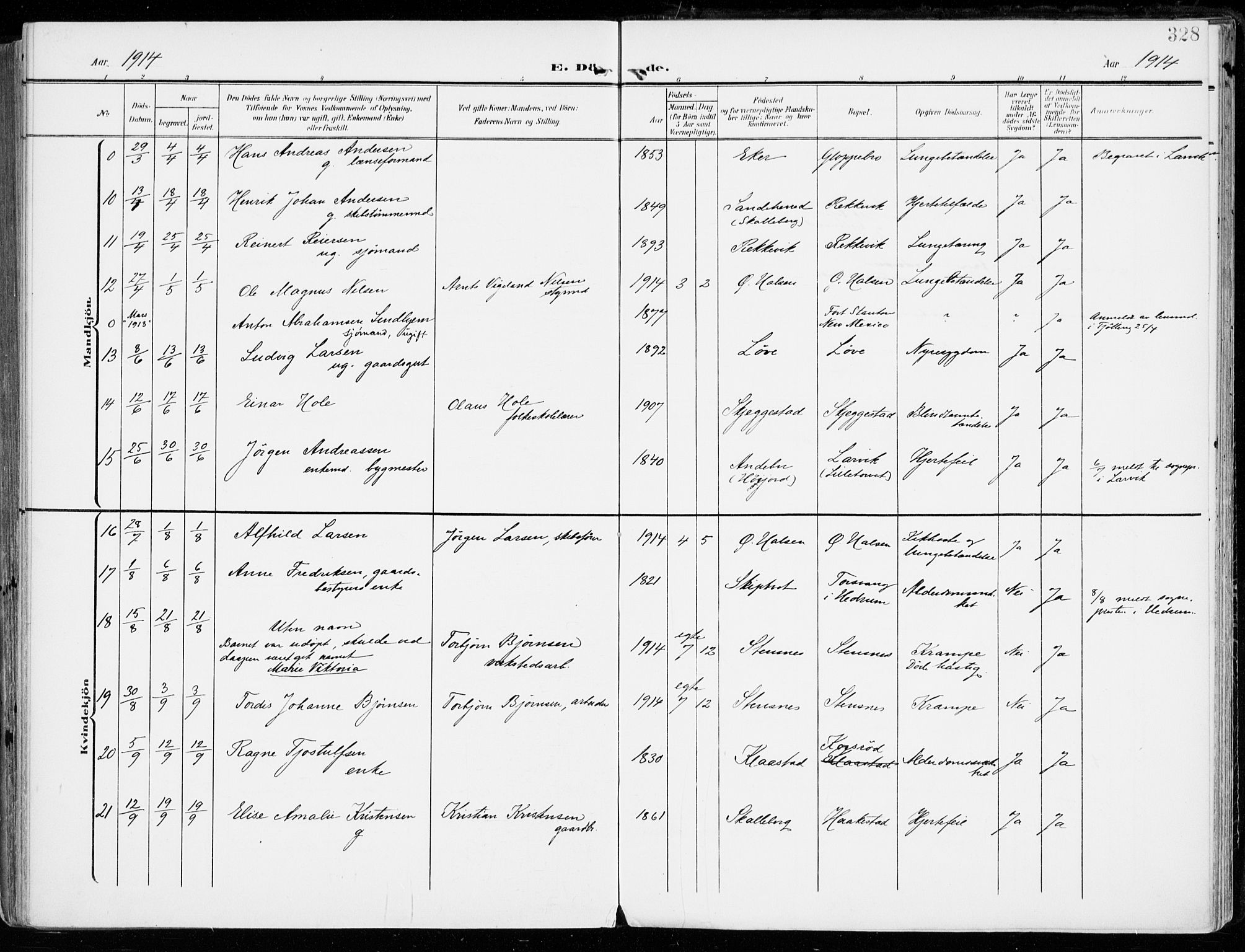 Tjølling kirkebøker, AV/SAKO-A-60/F/Fa/L0010: Parish register (official) no. 10, 1906-1923, p. 328