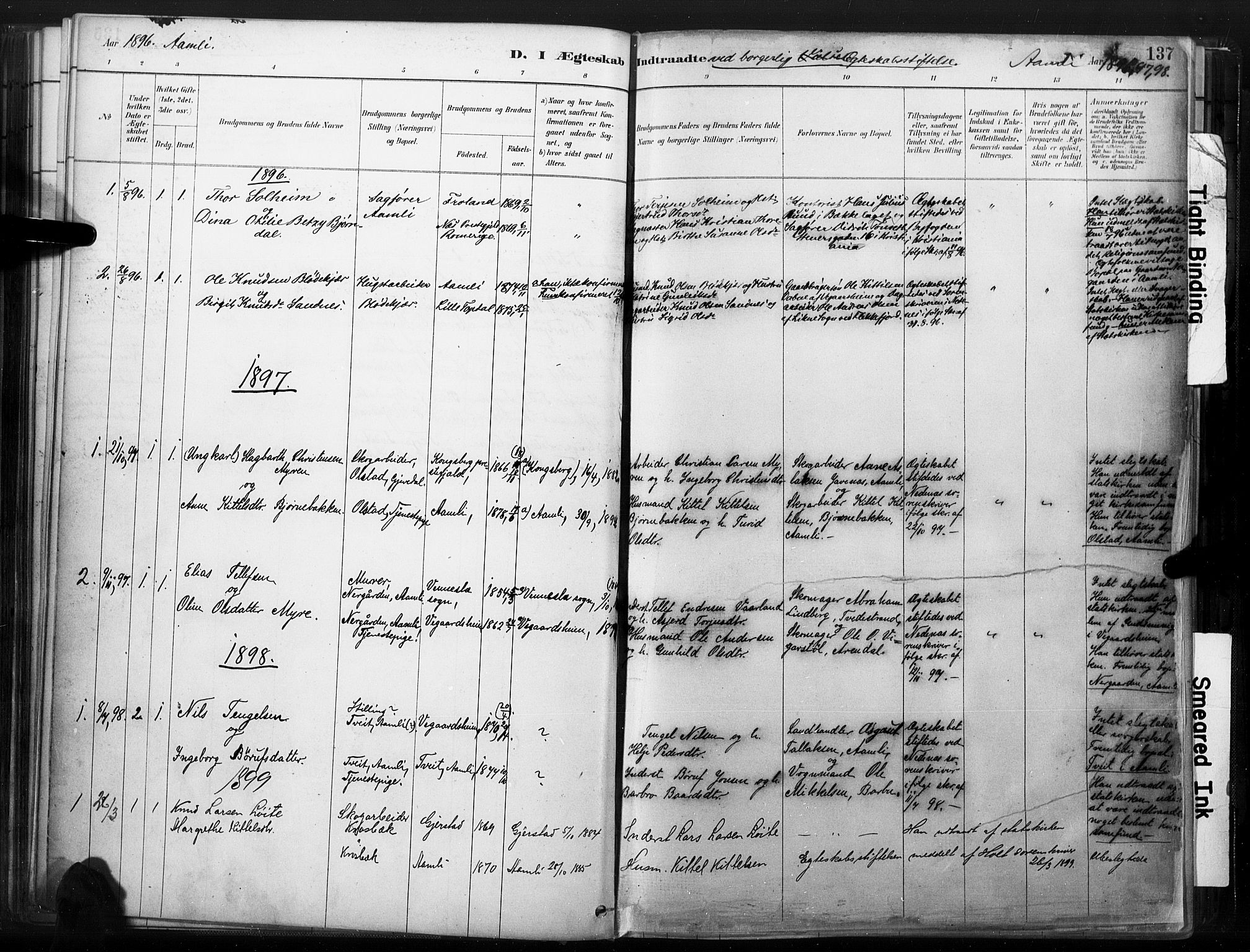 Åmli sokneprestkontor, SAK/1111-0050/F/Fa/Fac/L0010: Parish register (official) no. A 10 /1, 1885-1899, p. 137