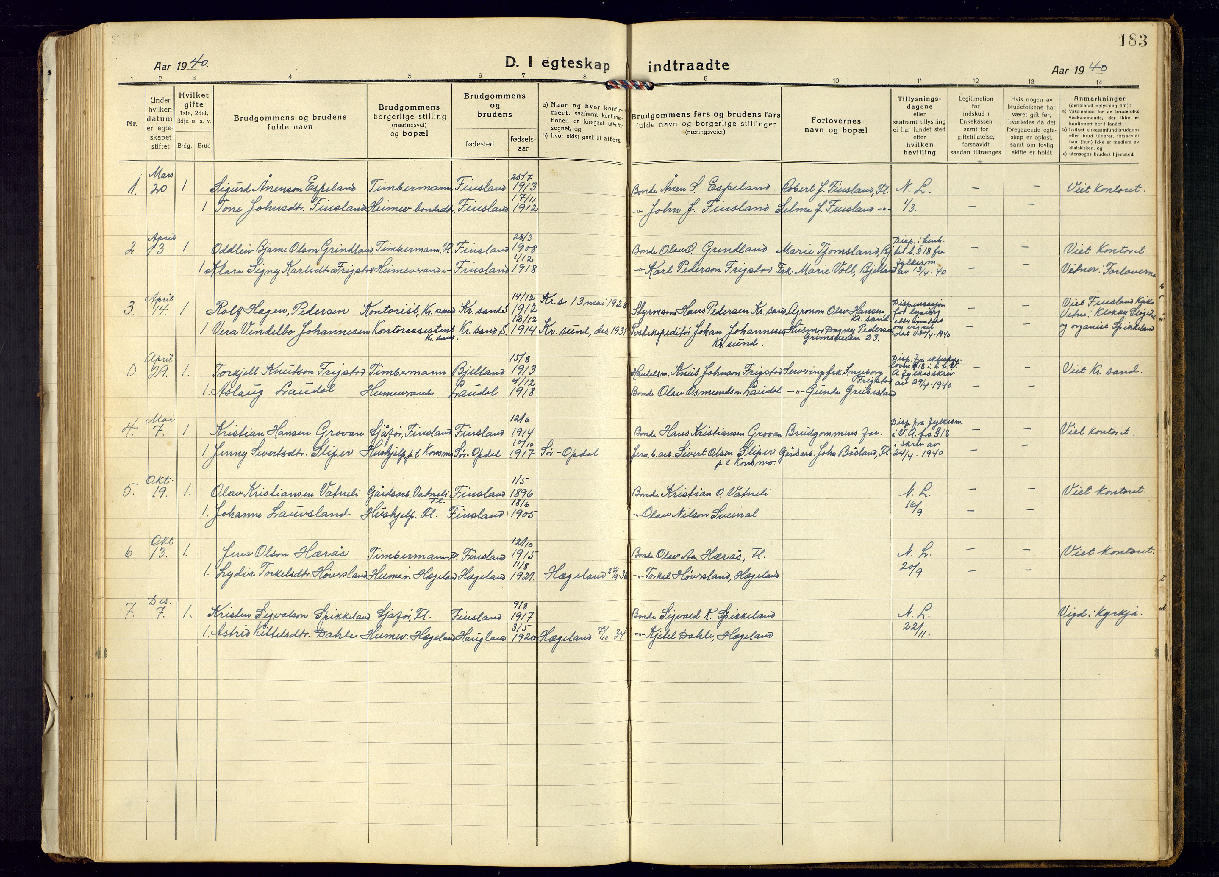 Bjelland sokneprestkontor, SAK/1111-0005/F/Fb/Fbb/L0006: Parish register (copy) no. B-6, 1918-1946, p. 183