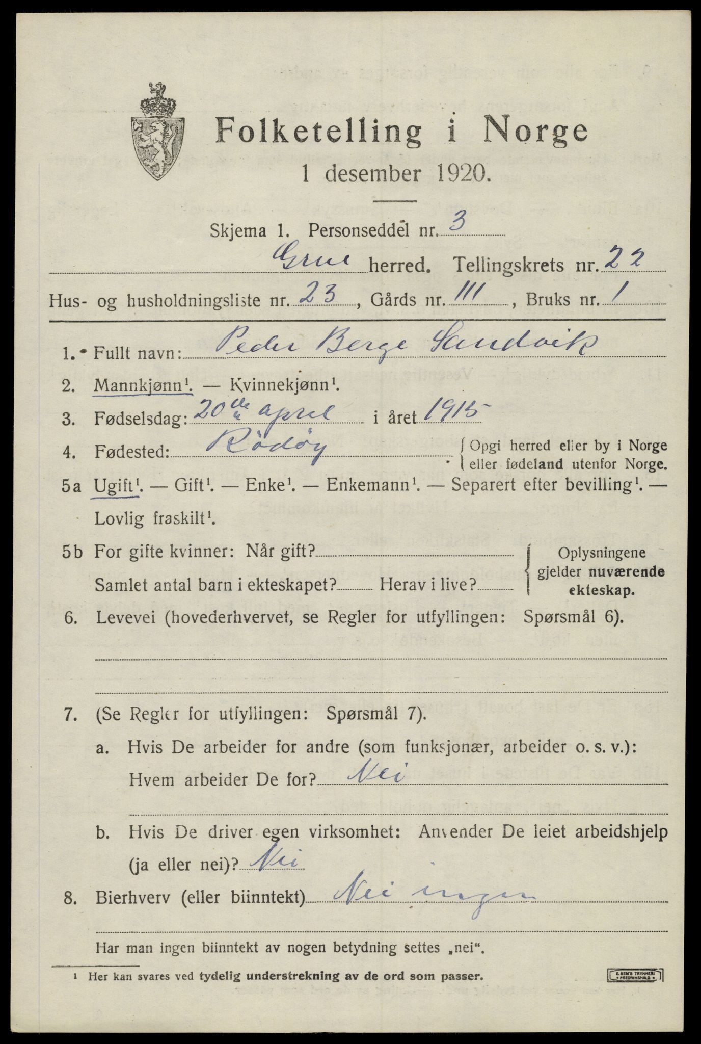 SAH, 1920 census for Grue, 1920, p. 15783