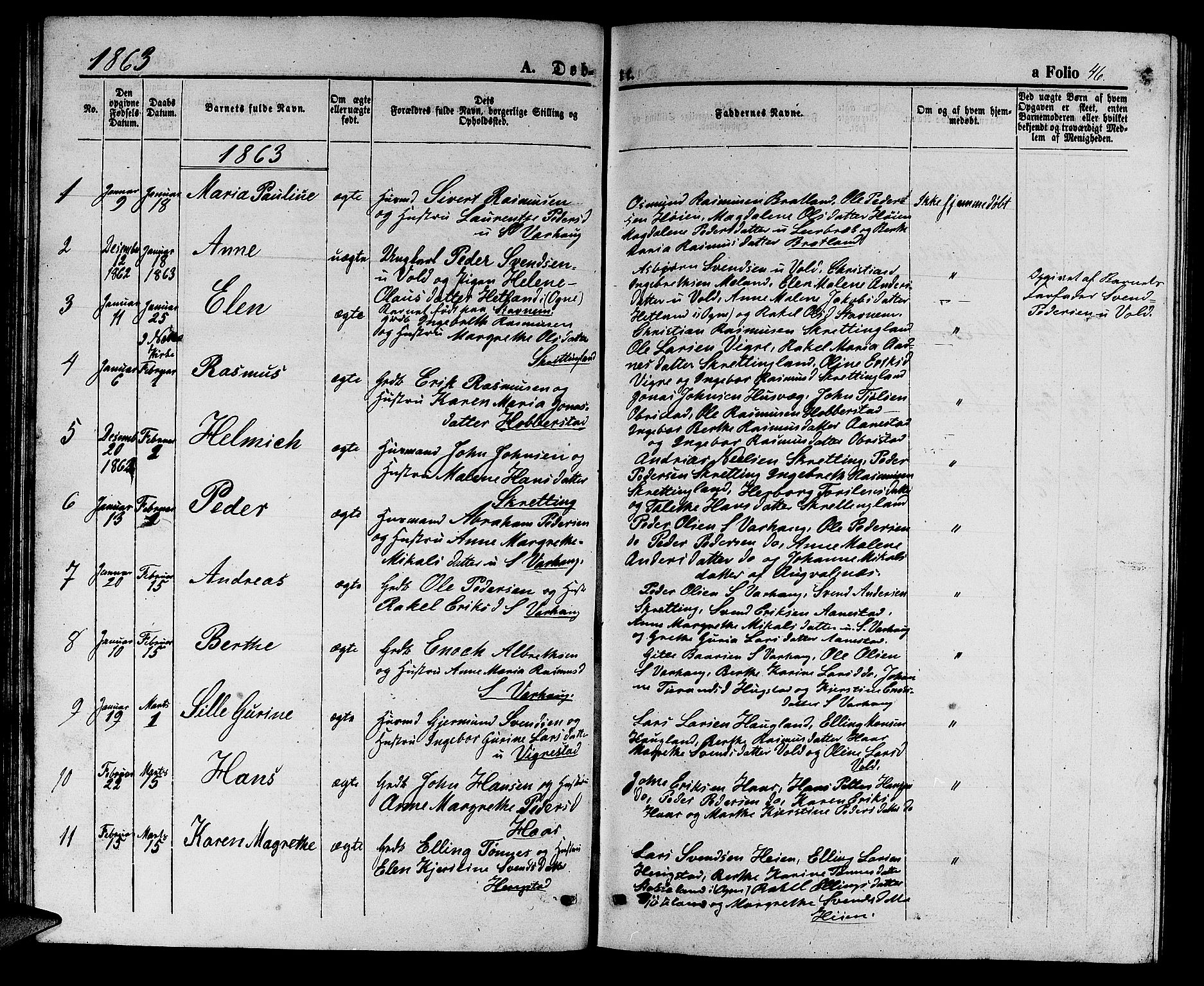 Hå sokneprestkontor, AV/SAST-A-101801/001/30BB/L0002: Parish register (copy) no. B 2, 1854-1883, p. 46