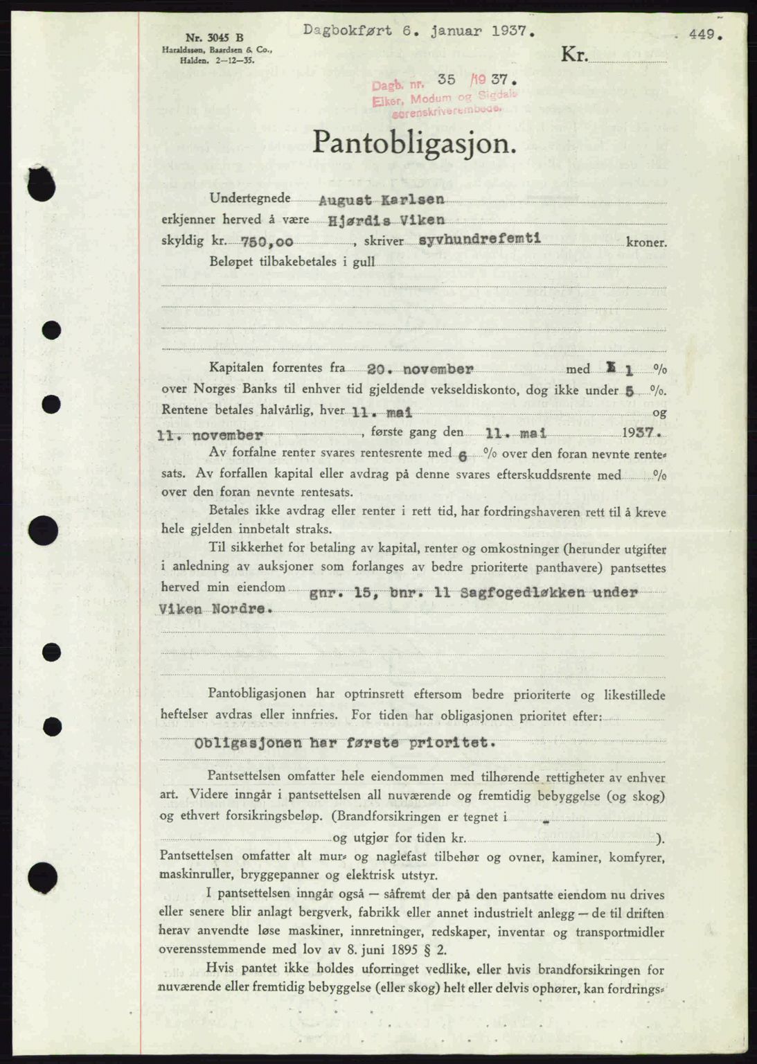 Eiker, Modum og Sigdal sorenskriveri, SAKO/A-123/G/Ga/Gab/L0034: Mortgage book no. A4, 1936-1937, Diary no: : 35/1937