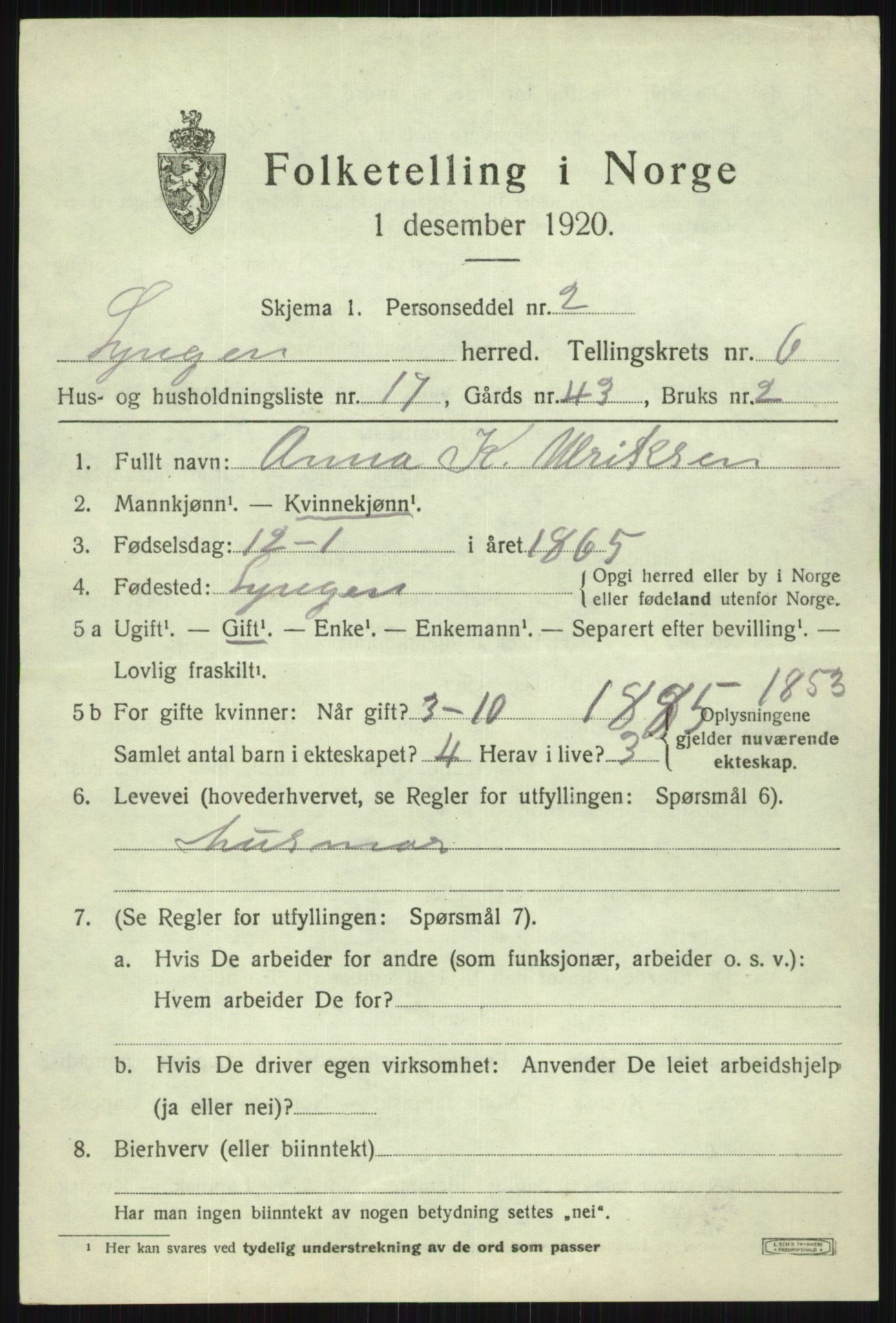 SATØ, 1920 census for Lyngen, 1920, p. 6740