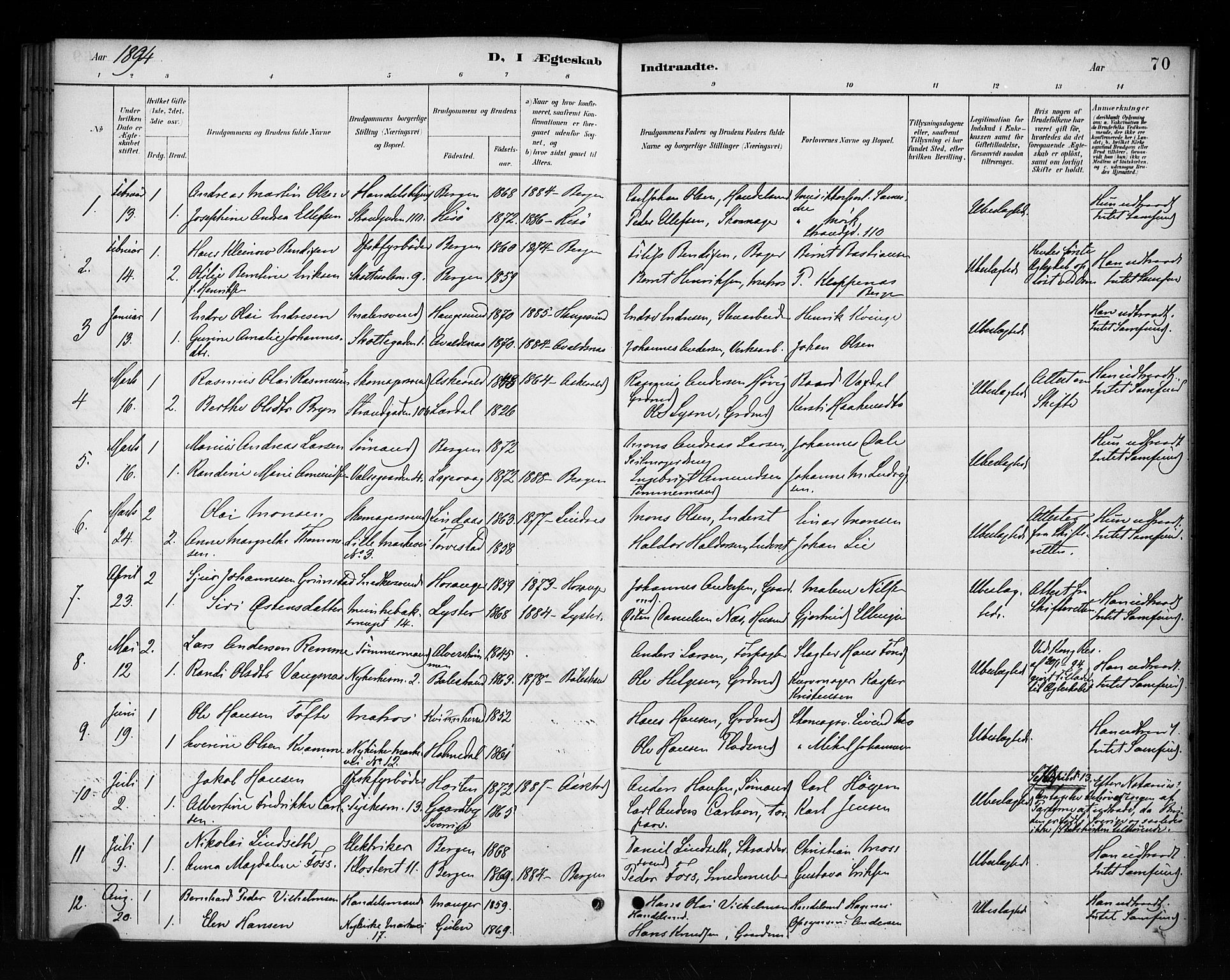 Nykirken Sokneprestembete, SAB/A-77101/H/Haa/L0053: Parish register (official) no. H 2, 1887-1897, p. 70