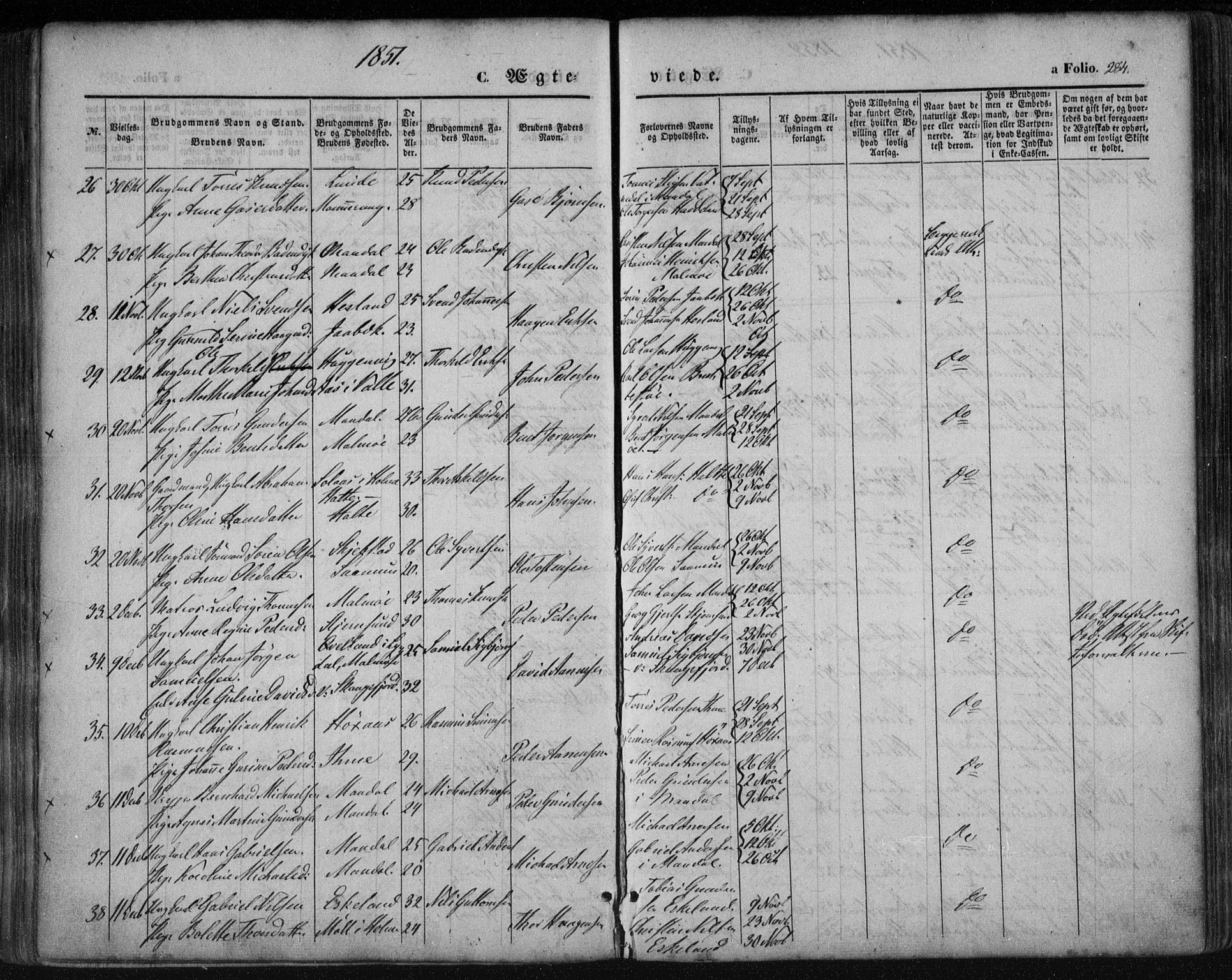 Mandal sokneprestkontor, SAK/1111-0030/F/Fa/Faa/L0013: Parish register (official) no. A 13, 1847-1859, p. 284