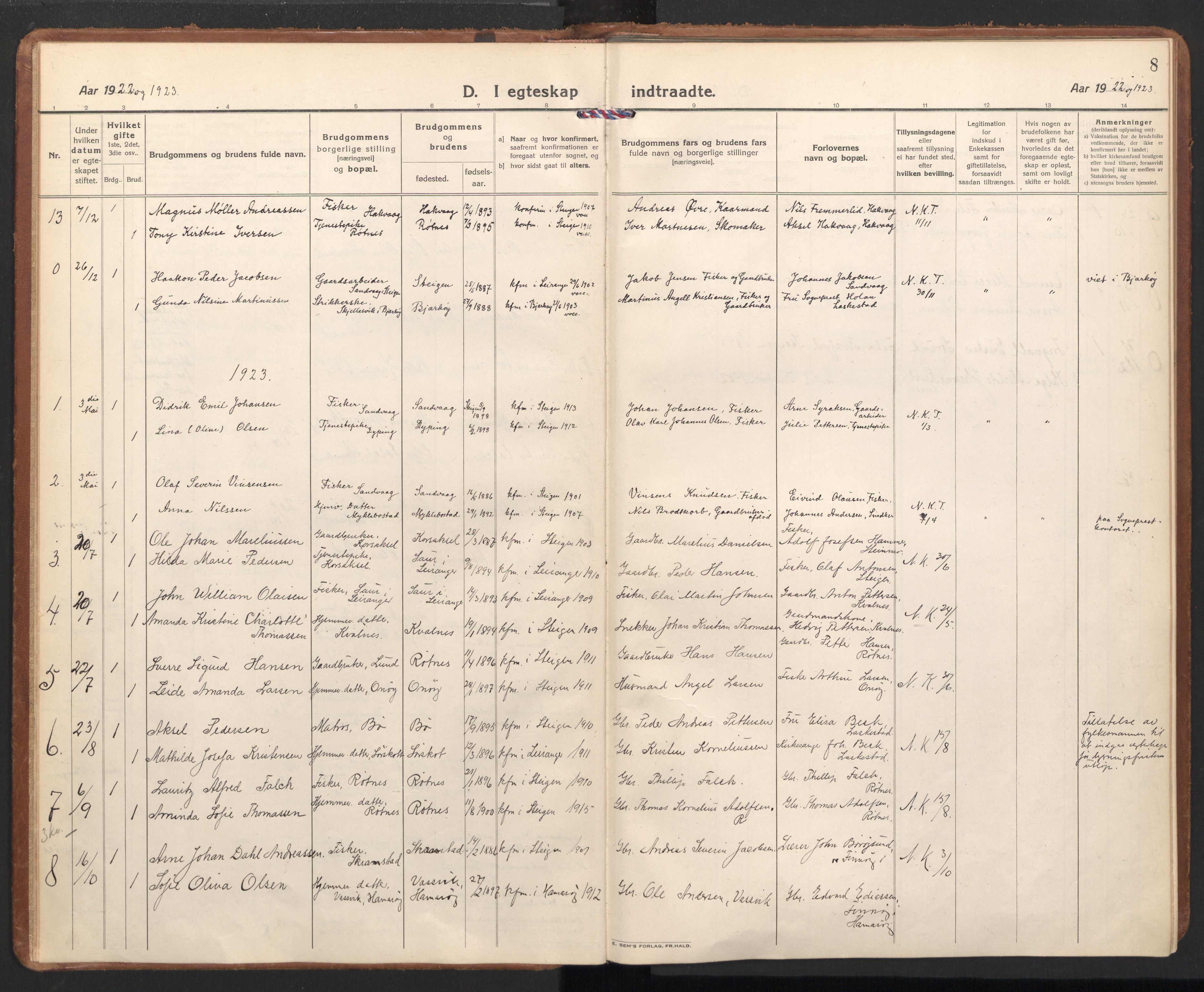 Ministerialprotokoller, klokkerbøker og fødselsregistre - Nordland, SAT/A-1459/855/L0809: Parish register (official) no. 855A18, 1921-1939, p. 8